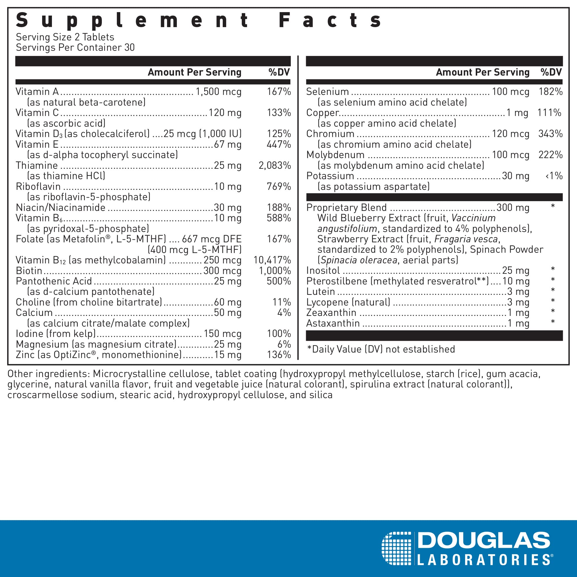 Etiqueta de nutrientes de Ultra Preventive 2 Daily: resumen de vitaminas y minerales clave para salud