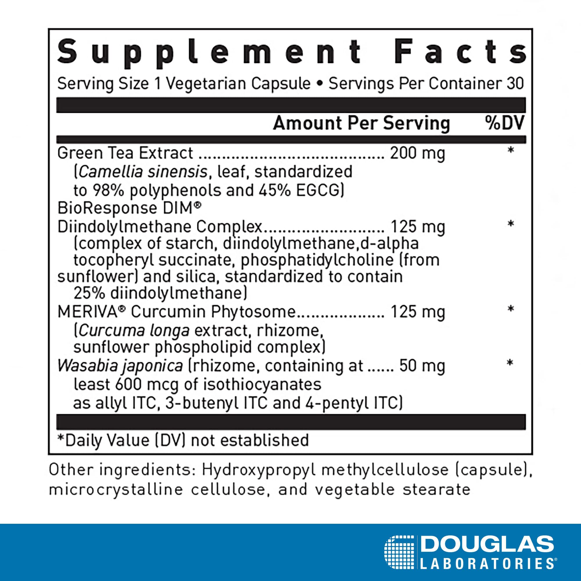 Douglas Laboratories DIM Enhanced: etiqueta nutricional clara para plan de dosis diaria.