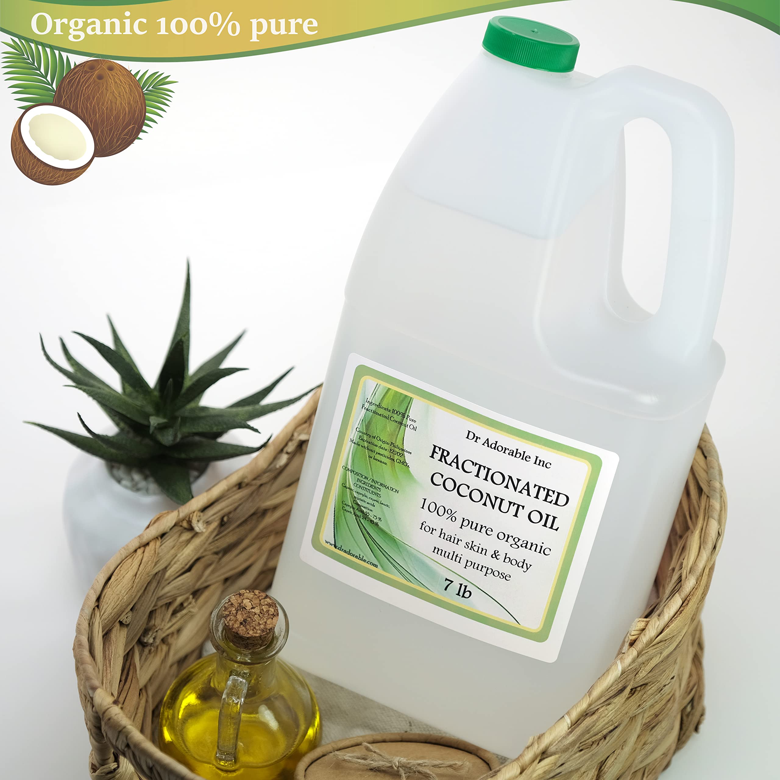 Dr Adorable aceite de coco fraccionado, textura líquida; ideal para cremas ligeras y masajes.