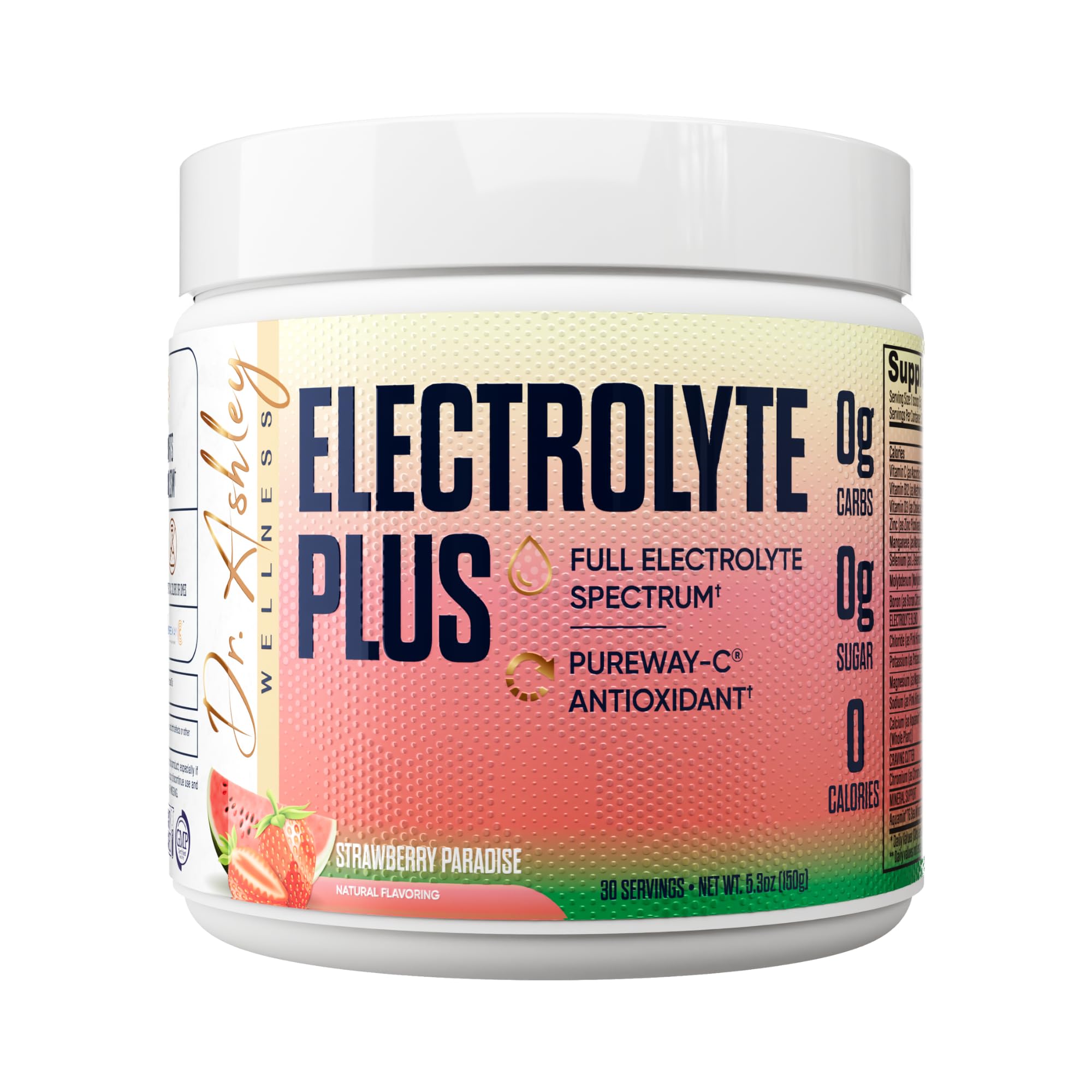 Dr. Ashley Wellness Electrolyte Plus polvo en bote para hidratación diaria.