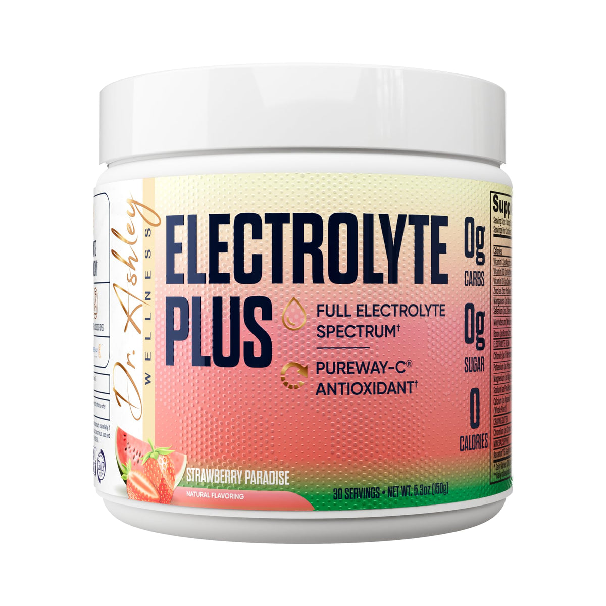 Dr. Ashley Wellness Electrolyte Plus polvo en bote para hidratación diaria.