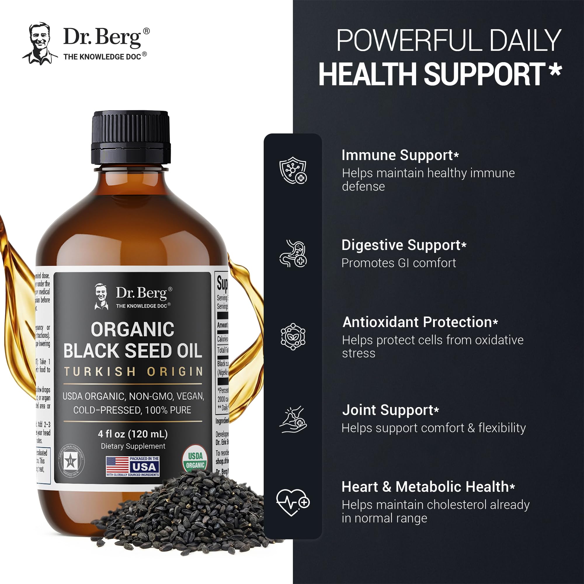 Dr. Berg Aceite Nigella Sativa, envase de vidrio ámbar protege compuestos delicados.