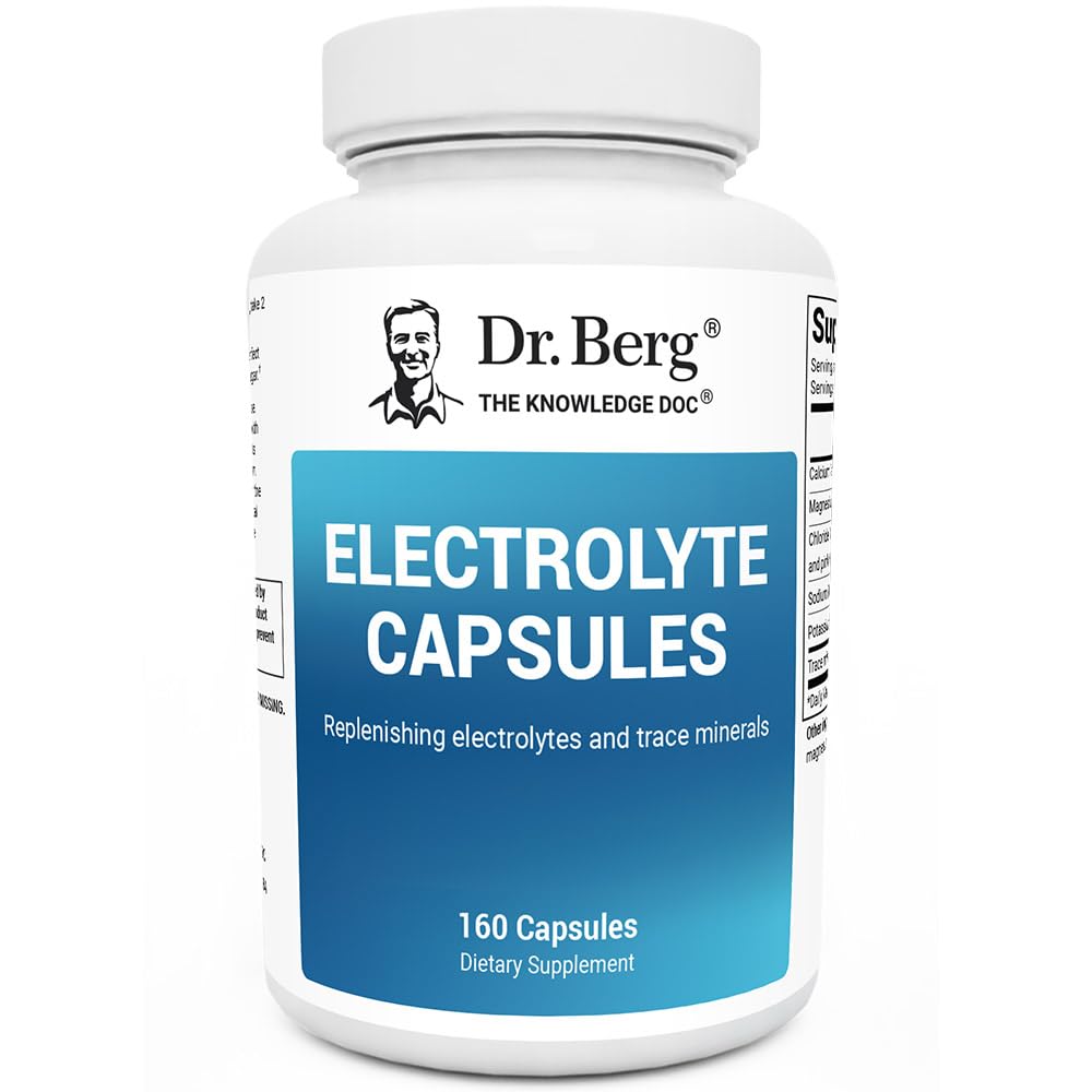 Dr. Berg Cápsulas de electrolitos en botella para hidratación diaria.