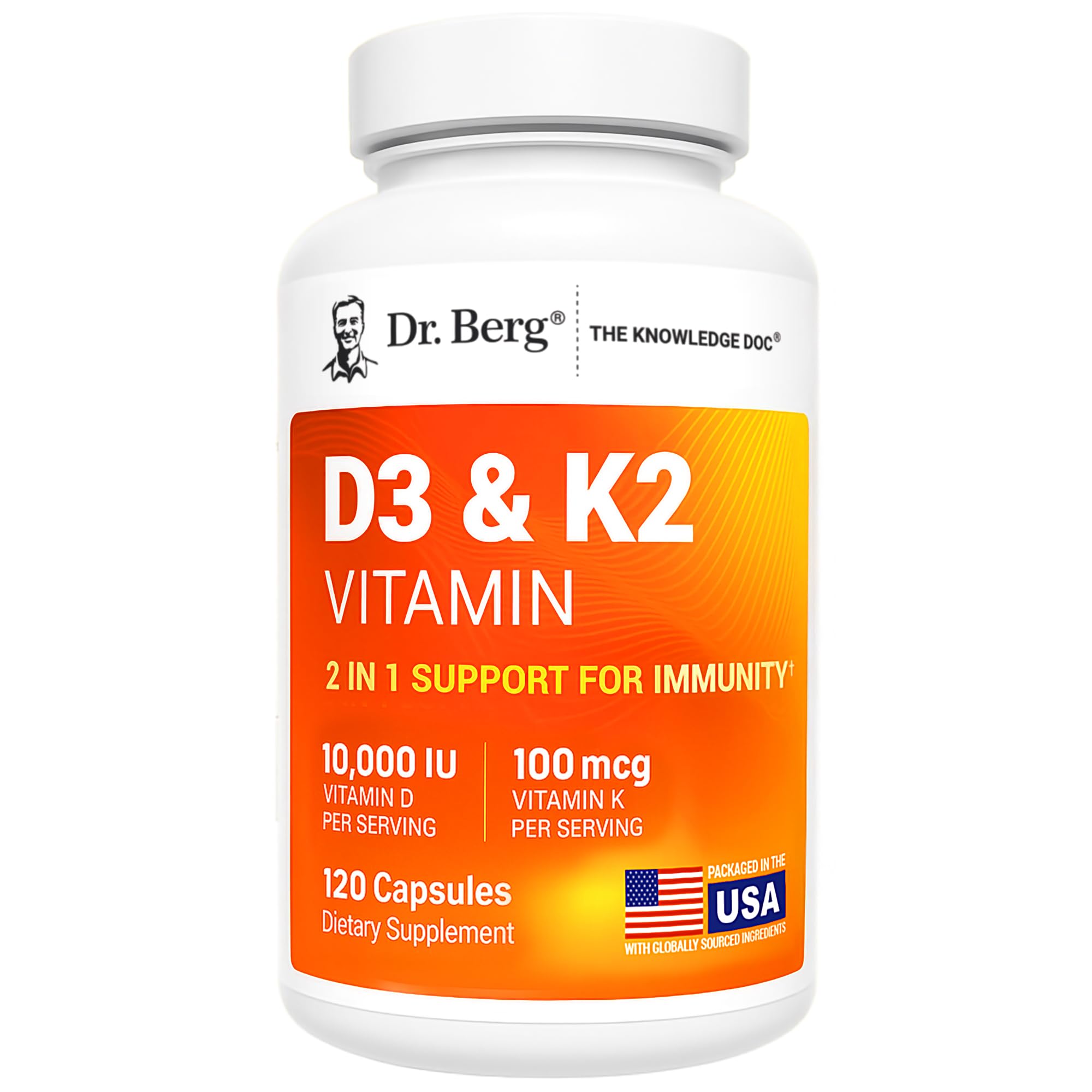 Dr. Berg D3 K2 10,000 UI, botella vertida para absorción de vitaminas liposolubles.
