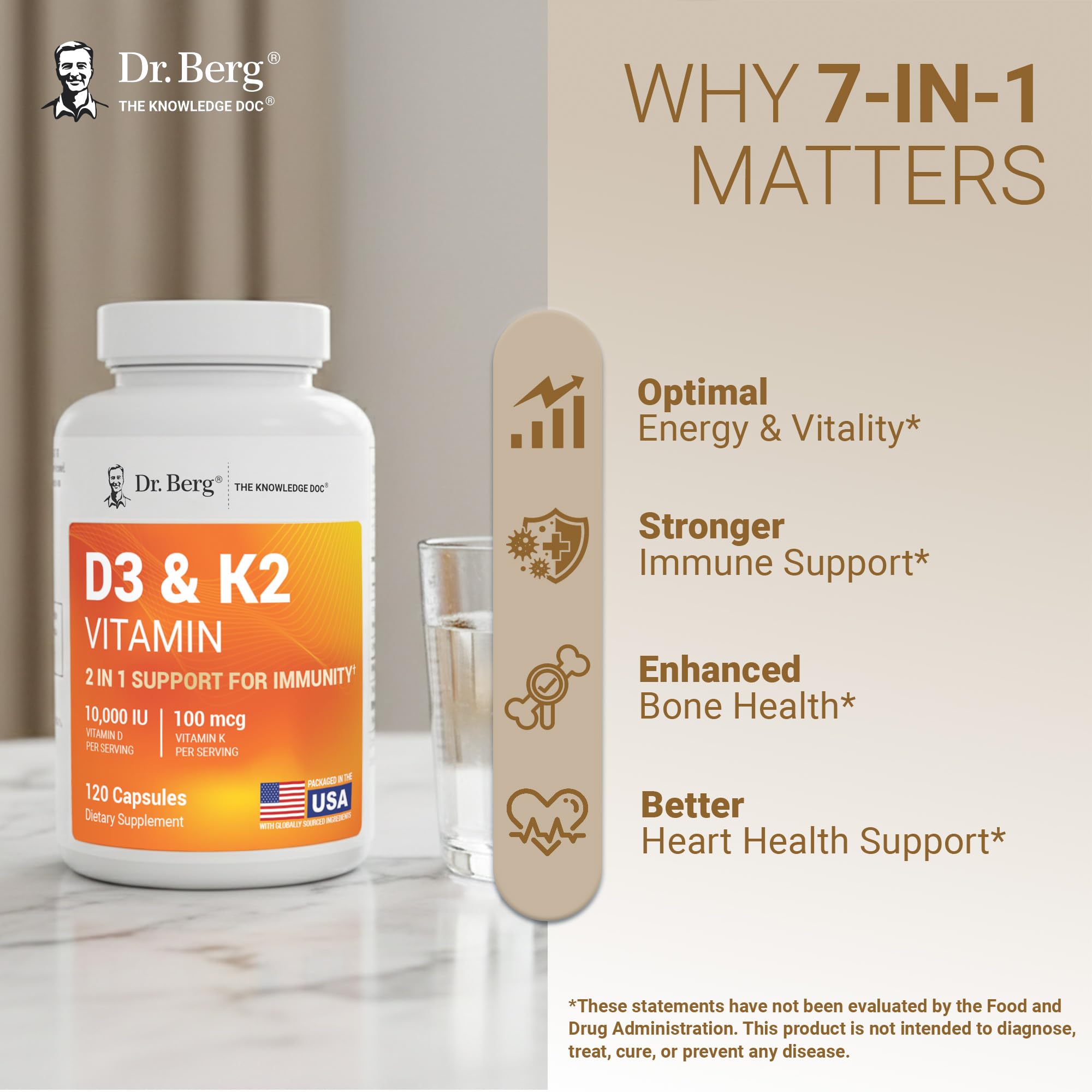 Dr. Berg D3 K2 10,000 UI, sello cGMP y calidad certificada.