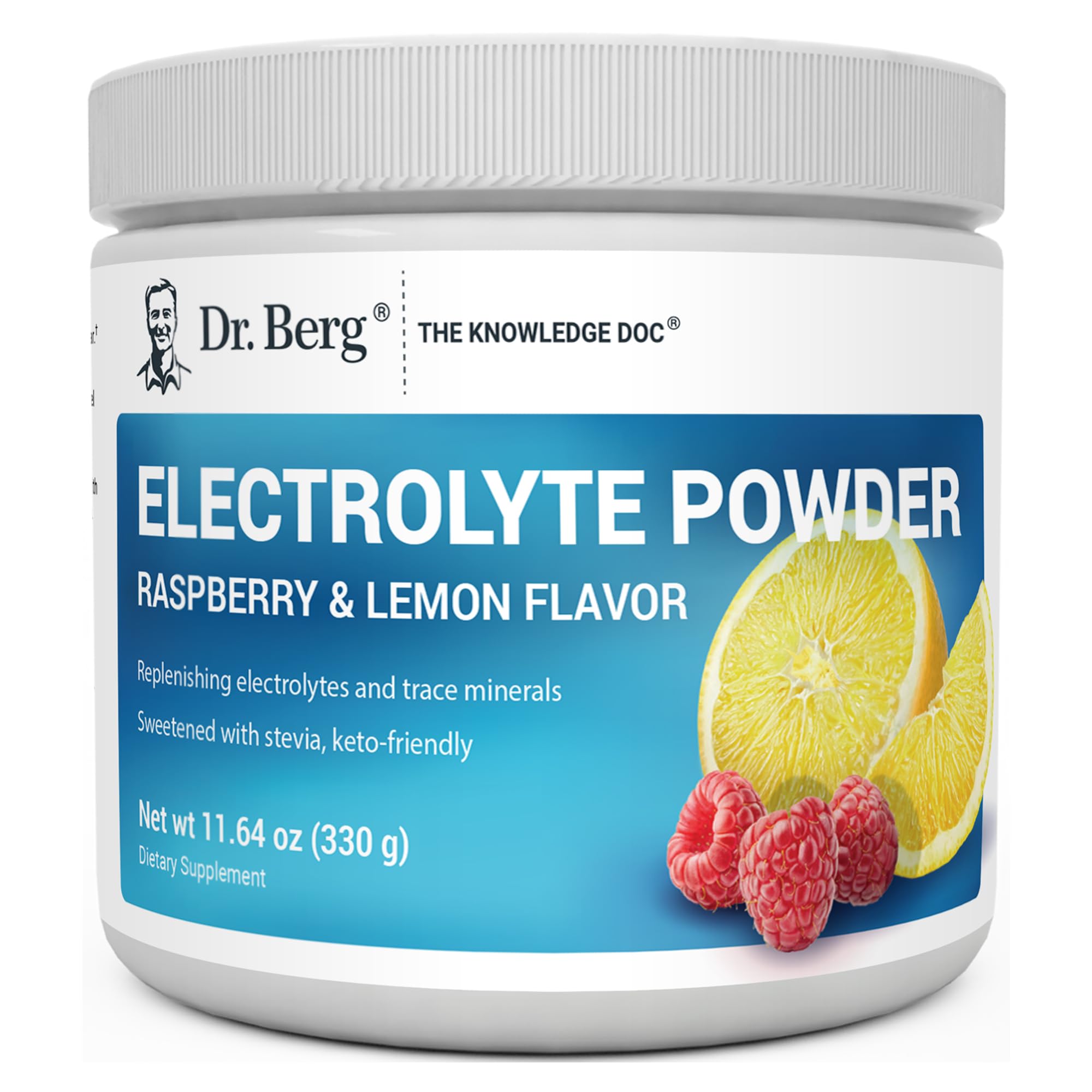 Dr. Berg electrolito sin azúcar, sabor frambuesa-limón, en polvo para hidratación diaria.