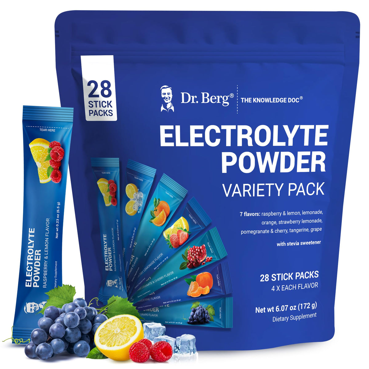 Dr. Berg Nutritionals electrolitos sin azúcar frente al empaque para elegir sabor sin calorías
