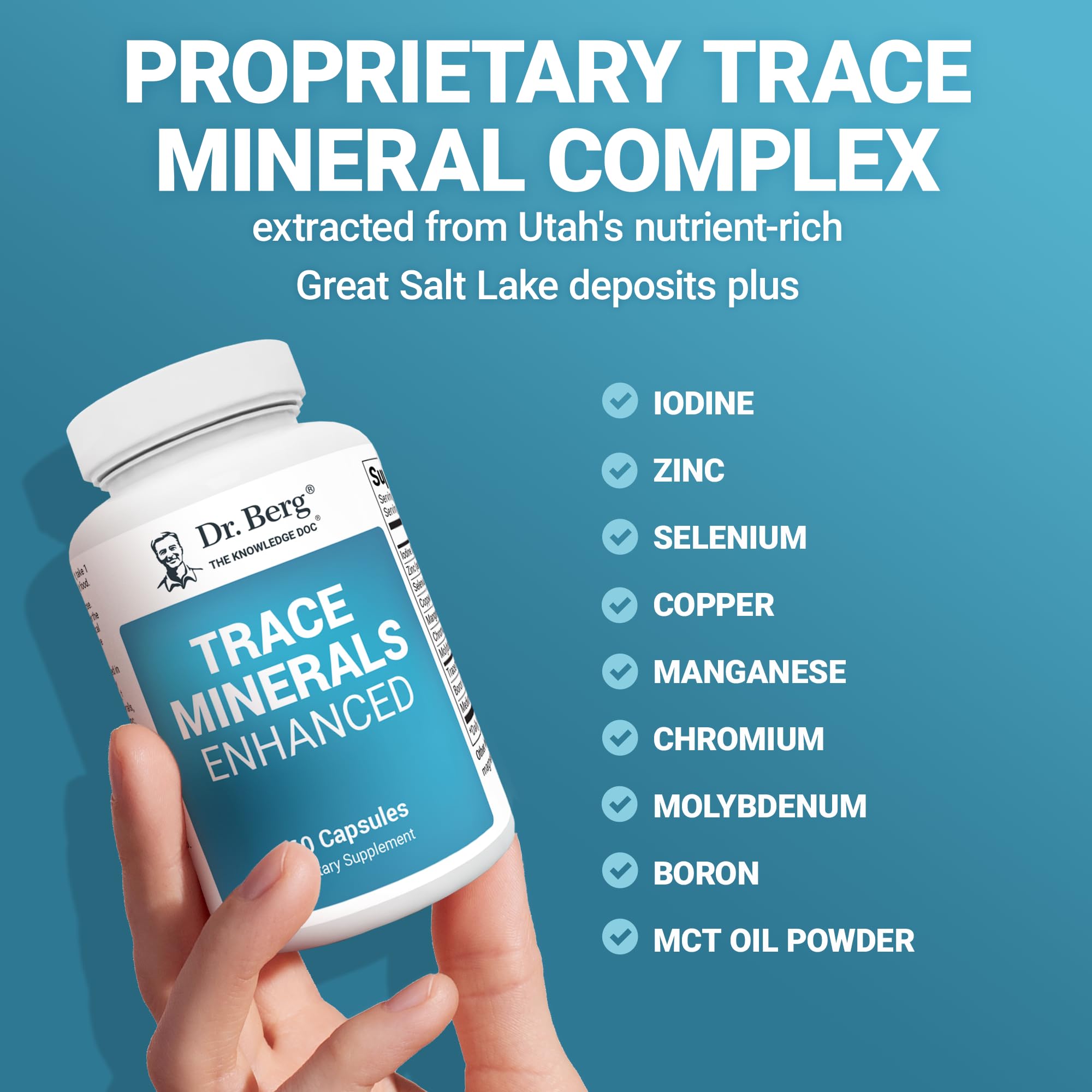 Dr. Berg Minerales de Trazas Mejorados: zinc 10 mg incluido en la fórmula.