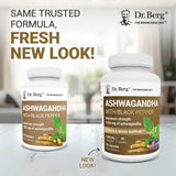 Dr. Berg Nutritionals cápsulas de ashwagandha con etiqueta frontal, fácil de identificar para la rutina.