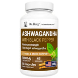 Dr. Berg Nutritionals frasco de ashwagandha, uso diario para bienestar general.