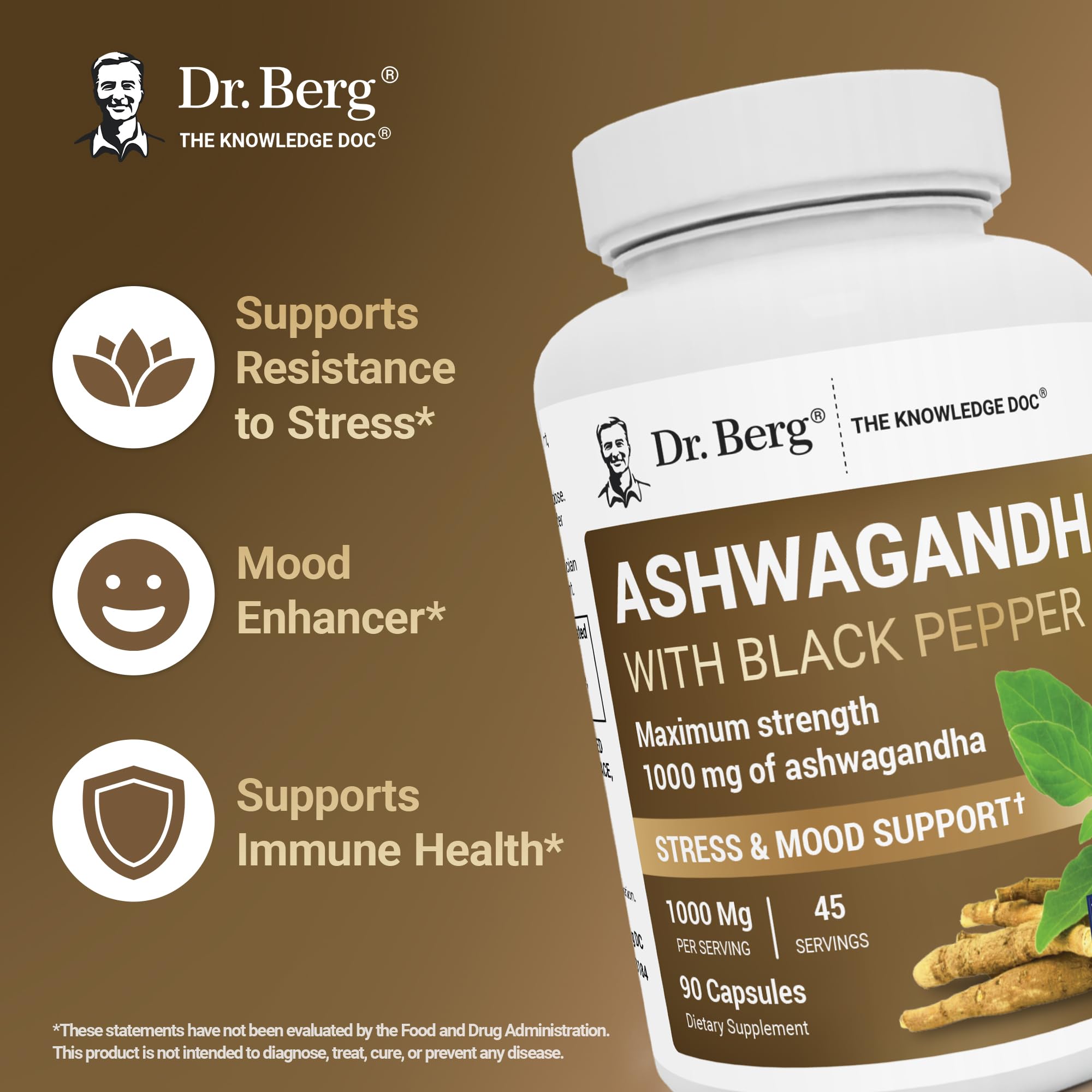 Dr. Berg Nutritionals cápsulas de ashwagandha sobre la mesa, lista para tomar según tu rutina.
