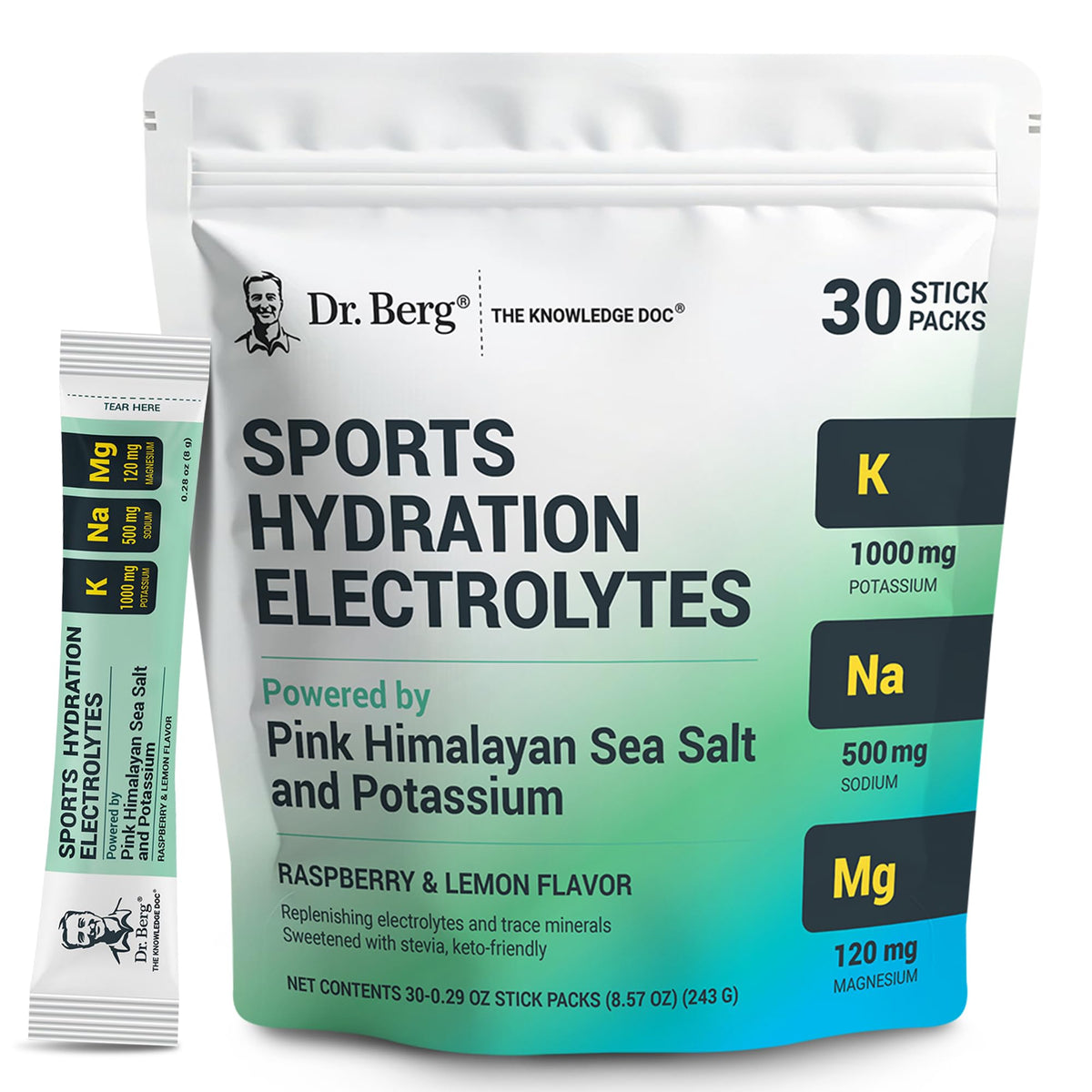 Dr. Berg Nutritionals polvos de electrolitos Frambuesa-Limón para hidratación durante el entrenamiento.