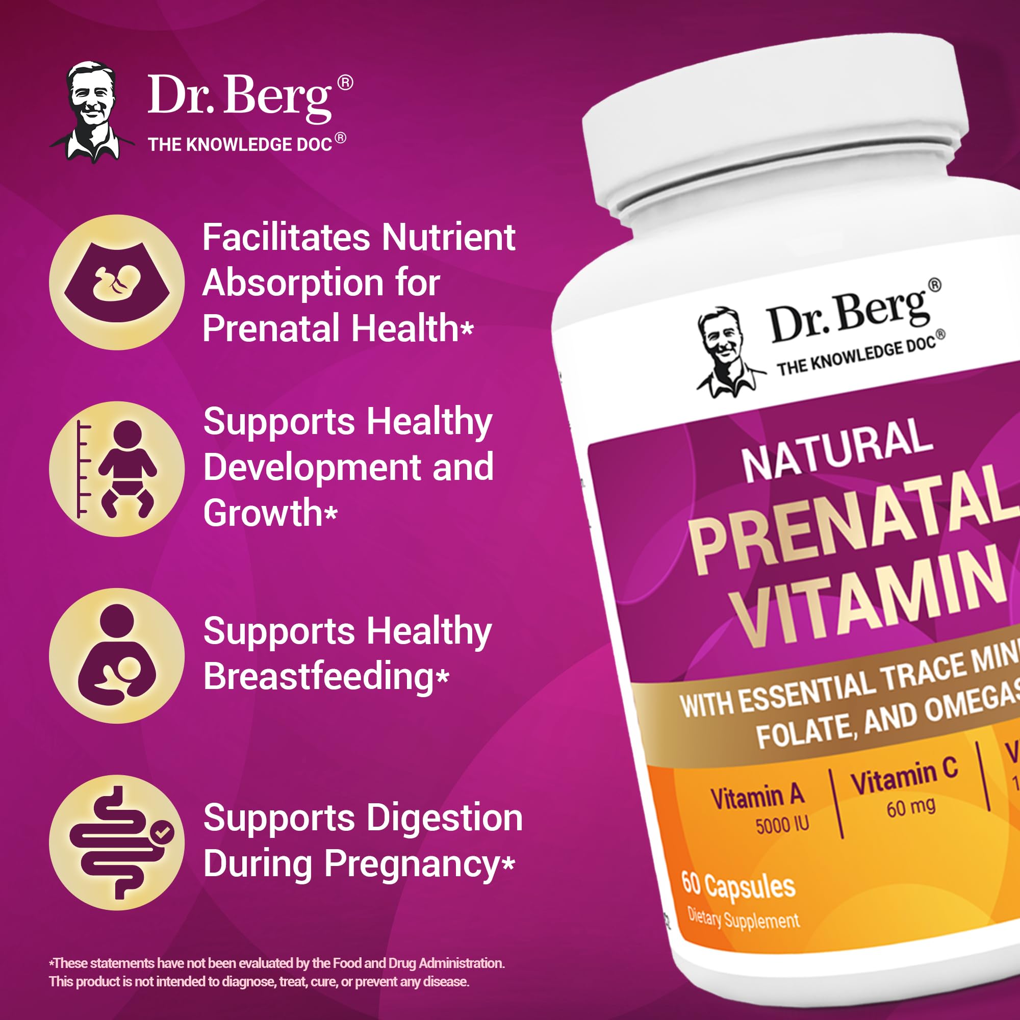 Dr. Berg Nutritionals Prenatal ingredientes clave como folato y omegas