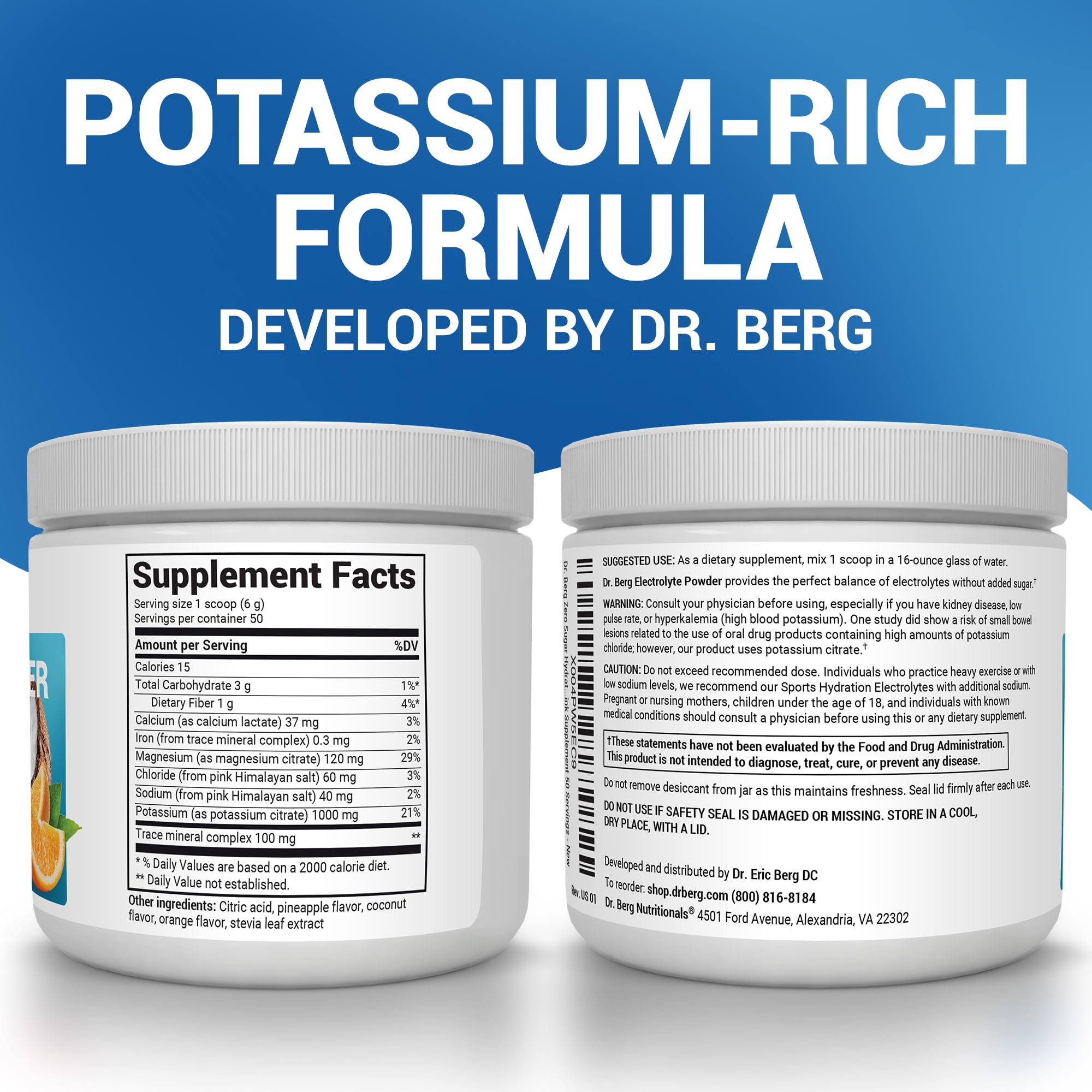 Dr. Berg Zero Sugar Hydration, medidor-cucharada, dosificación sencilla para hidratación óptima.