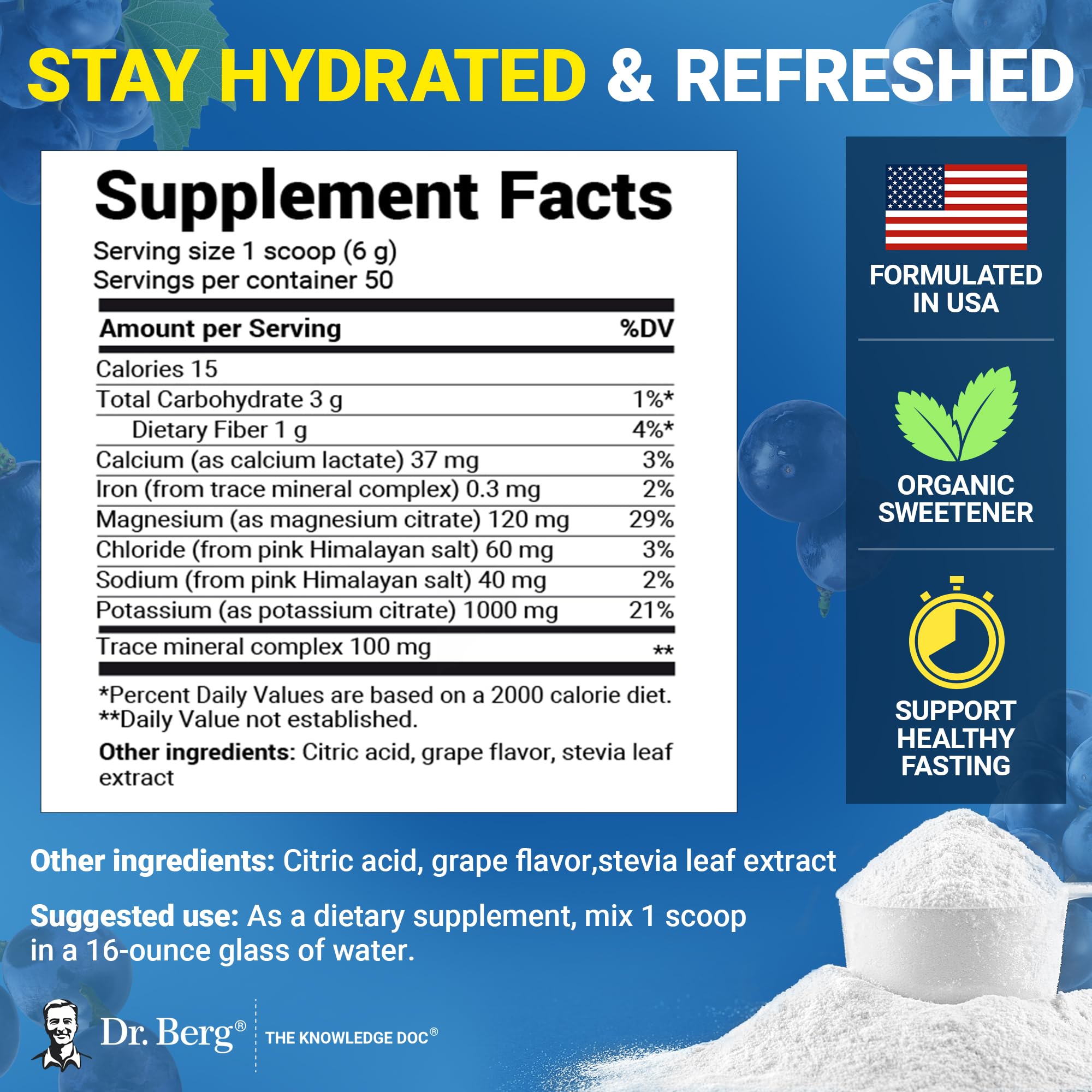 Dr. Berg Zero Sugar Hydration Powder sabor uva en vaso para rehidratar