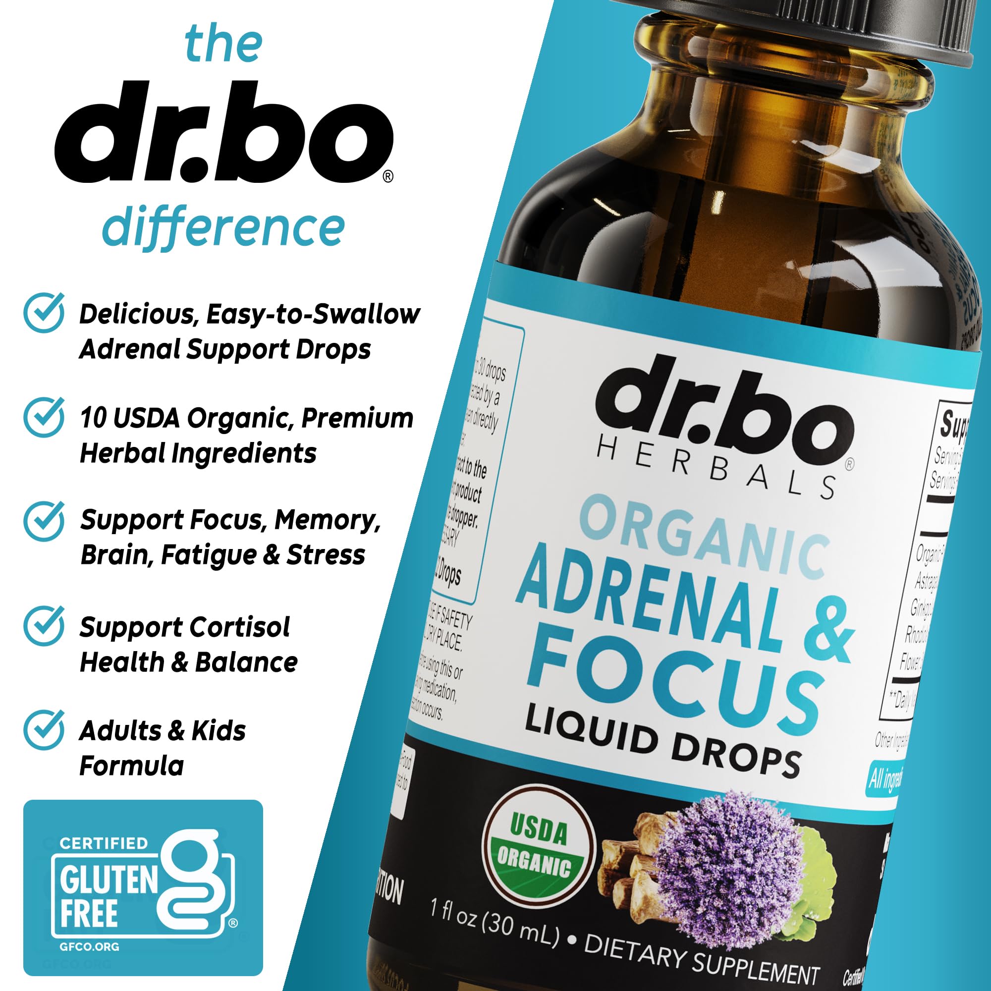 DR. BO Adaptogenos: diez hierbas en gotas para bienestar, frasco.