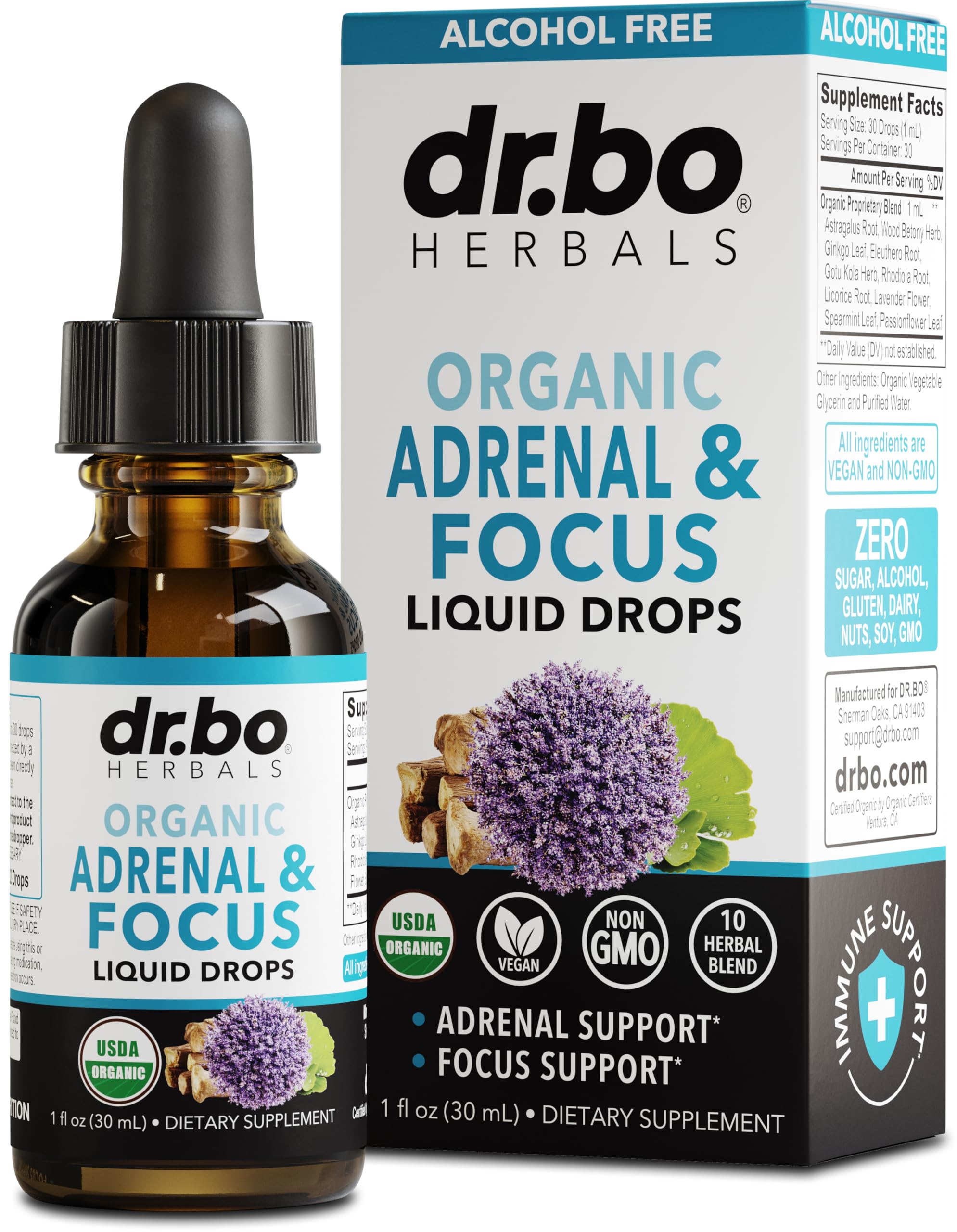 DR. BO Gotas de apoyo adrenal, frasco para uso diario.