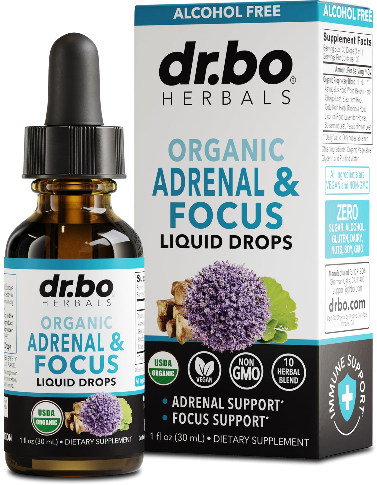 DR. BO Gotas de apoyo adrenal, frasco para uso diario.