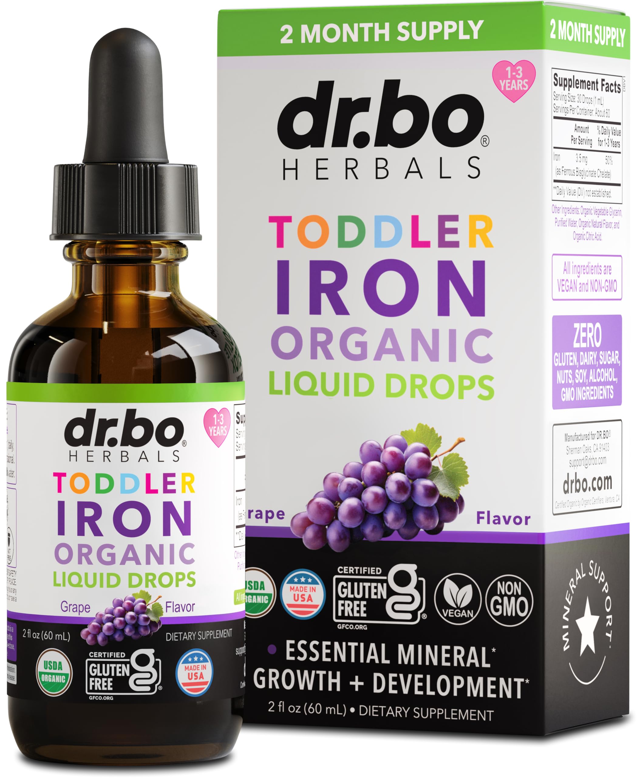 DR. BO Drops hierro para niños con sabor a uva, fácil de incorporar en la rutina diaria.