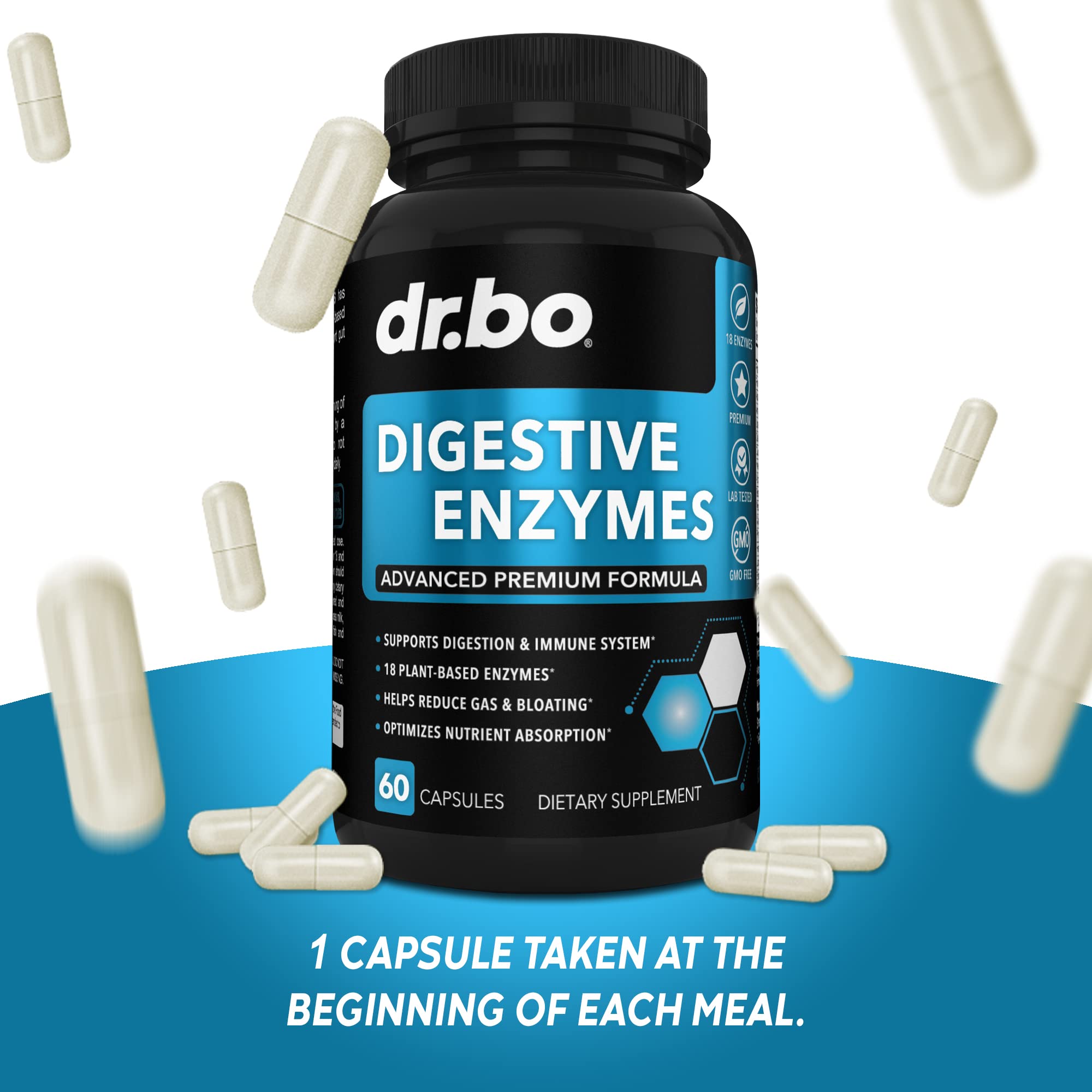DR. BO enzimas vegetales en cápsula para digestión basada en plantas.