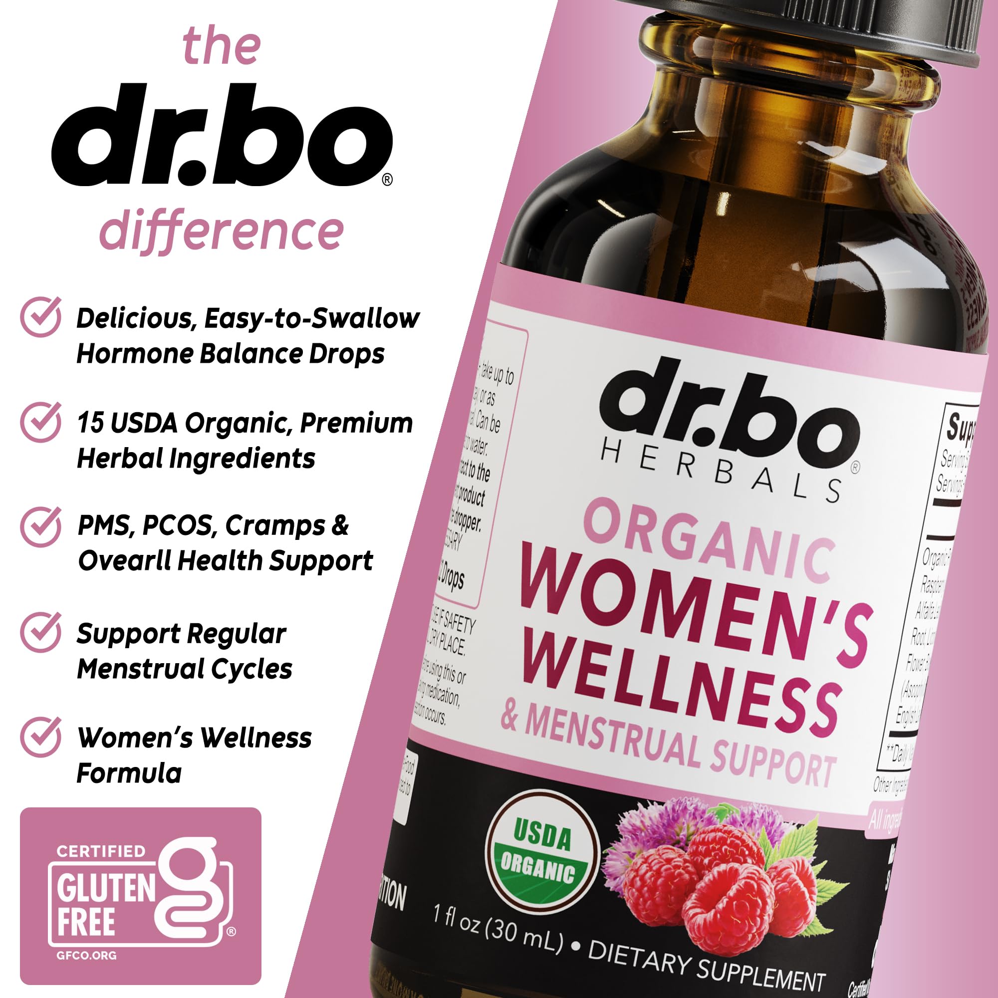 DR. BO hojas de frambuesa para soporte hormonal suave