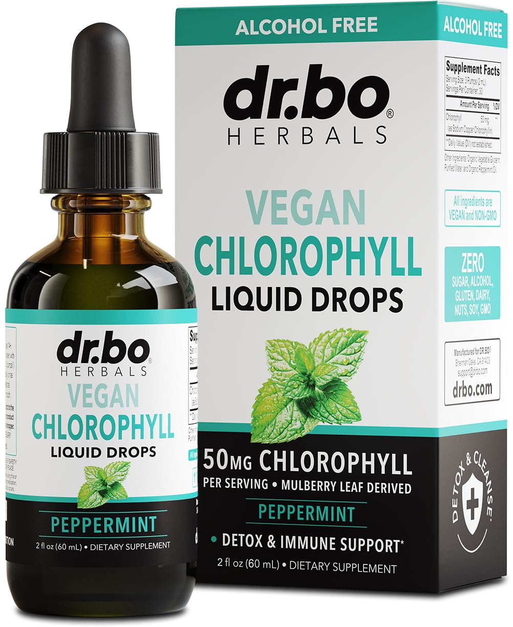 DR. BO gotas de clorofila con menta en botella para desintoxicación diaria.