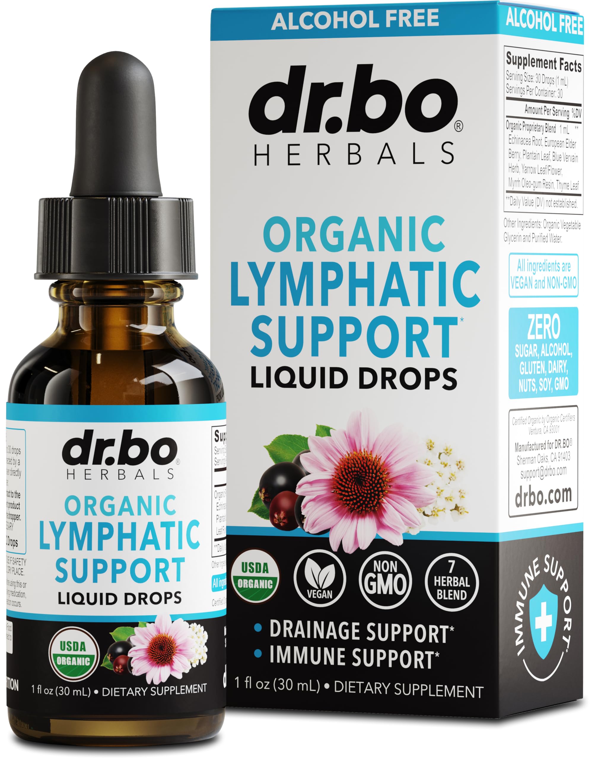 Gotas DR. BO para drenaje linfático en botella de 1 oz.
