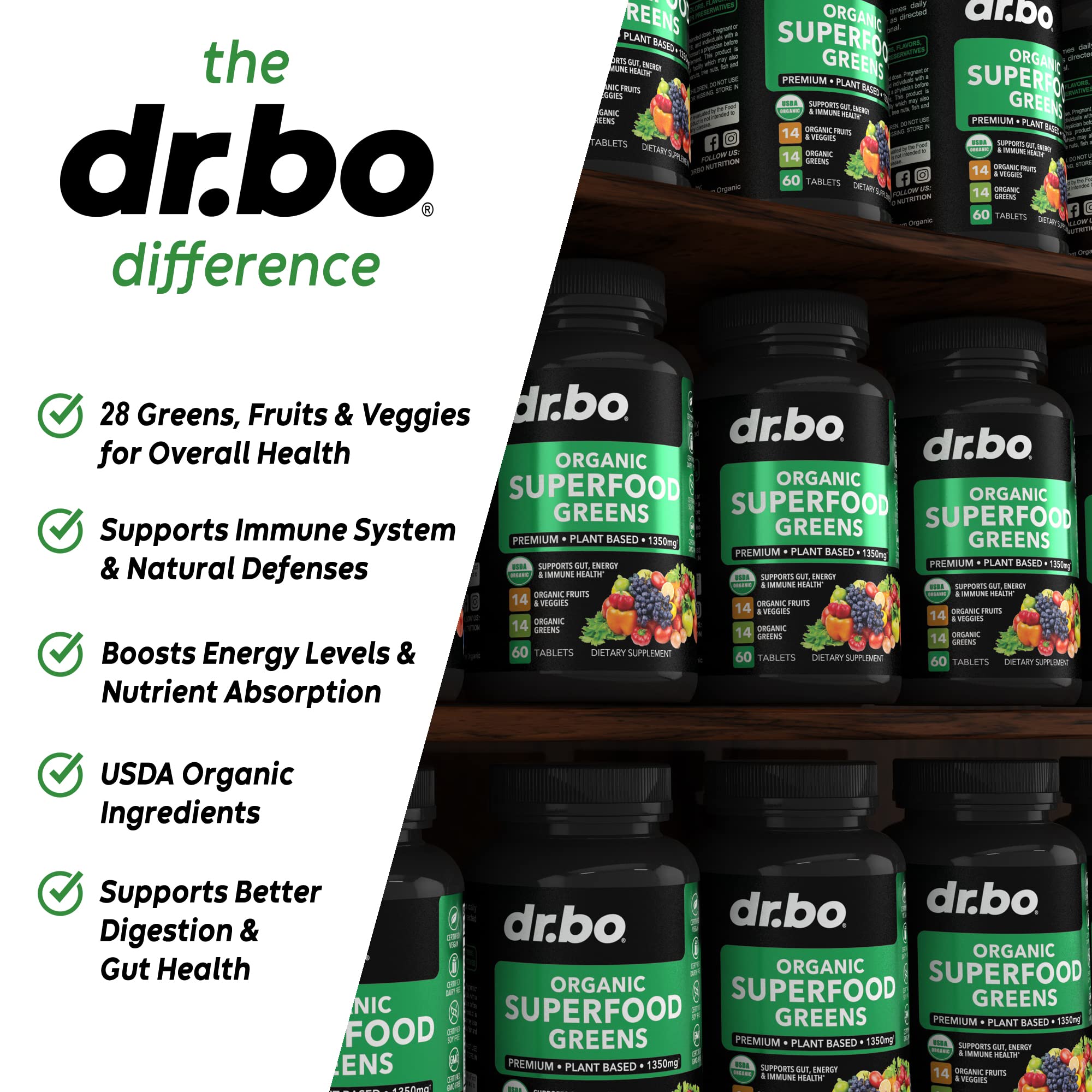 Mezcla verde DR. BO en tabletas para hábitos saludables.