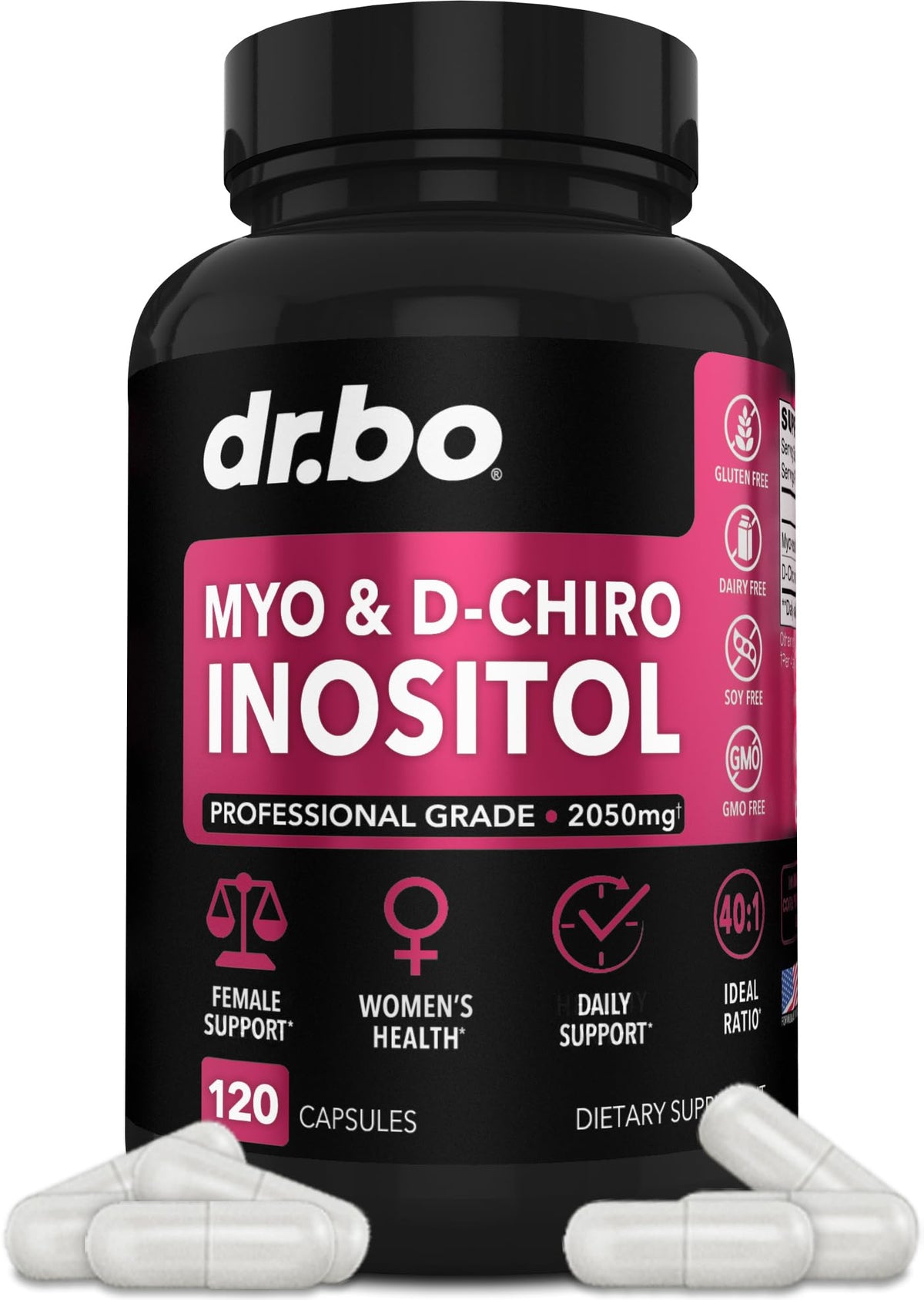 DR. BO Myo-Inositol y D-Chiro Inositol, cápsulas en bote, apoyo al equilibrio femenino.