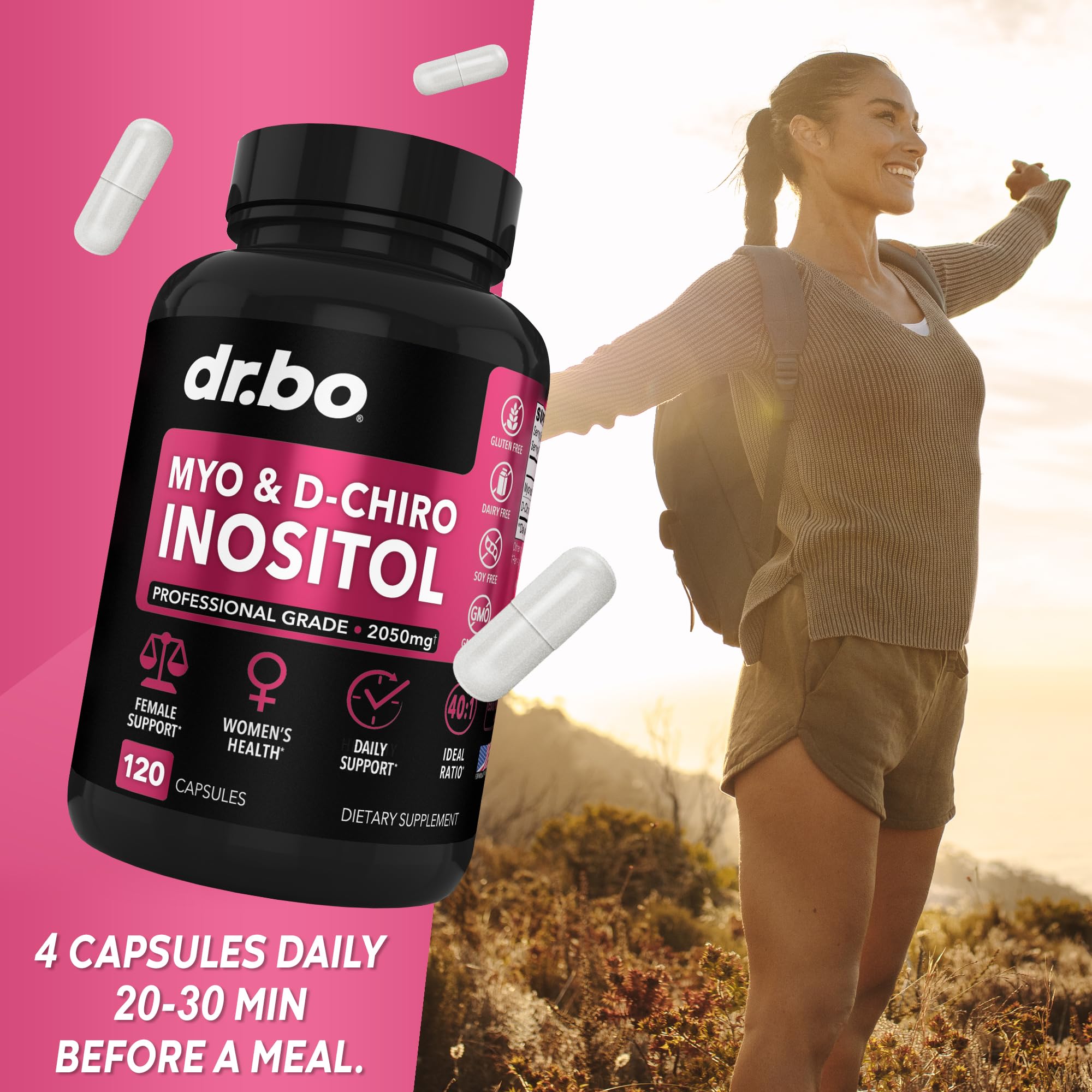 DR. BO Myo-Inositol y D-Chiro Inositol, empaque frontal para visión rápida de beneficios.
