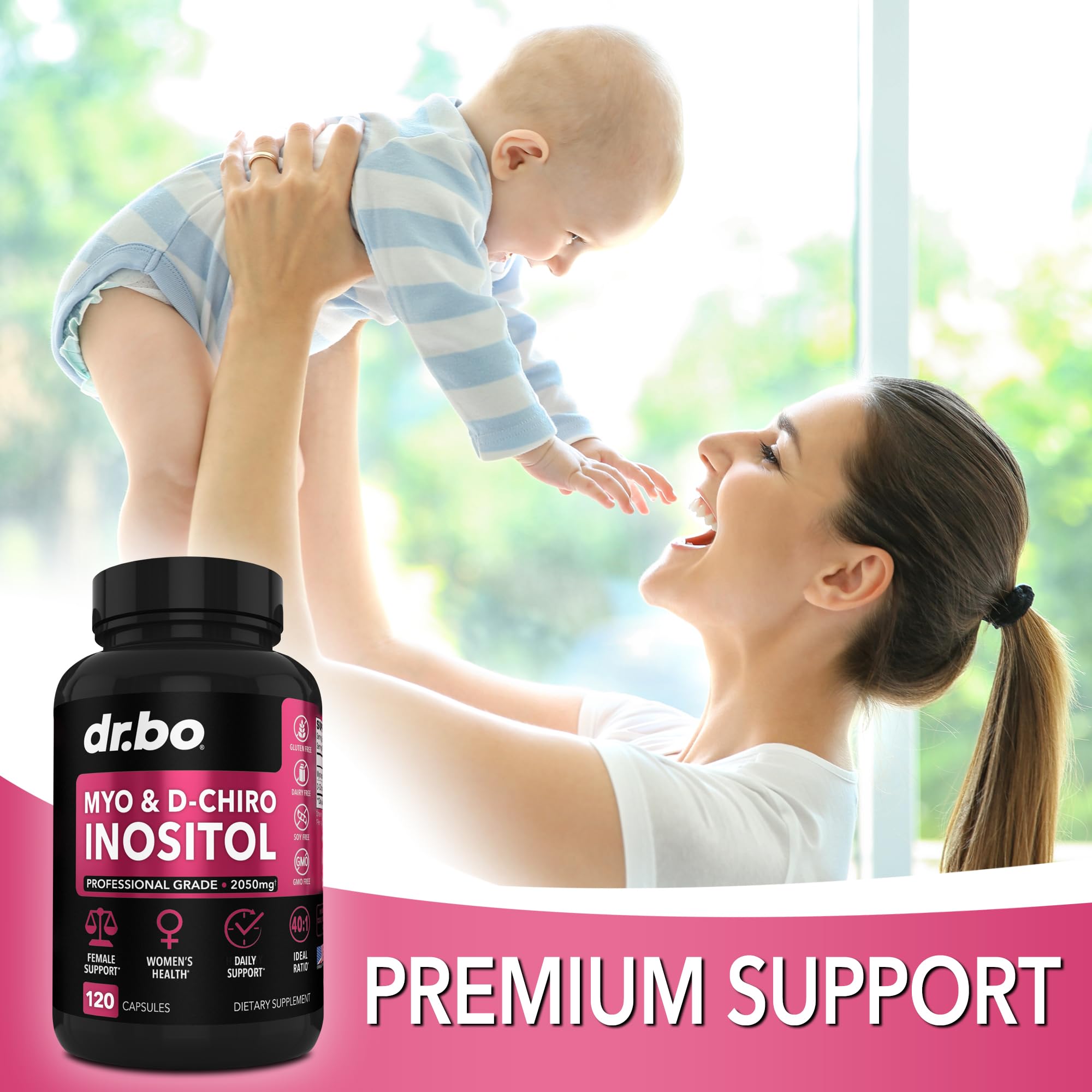 DR. BO Myo-Inositol y D-Chiro Inositol, envase cómodo para llevar.