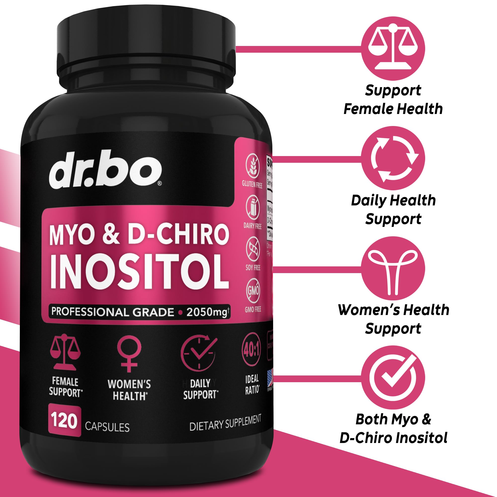 DR. BO Myo-Inositol y D-Chiro Inositol, etiqueta frontal, claridad de ingredientes.