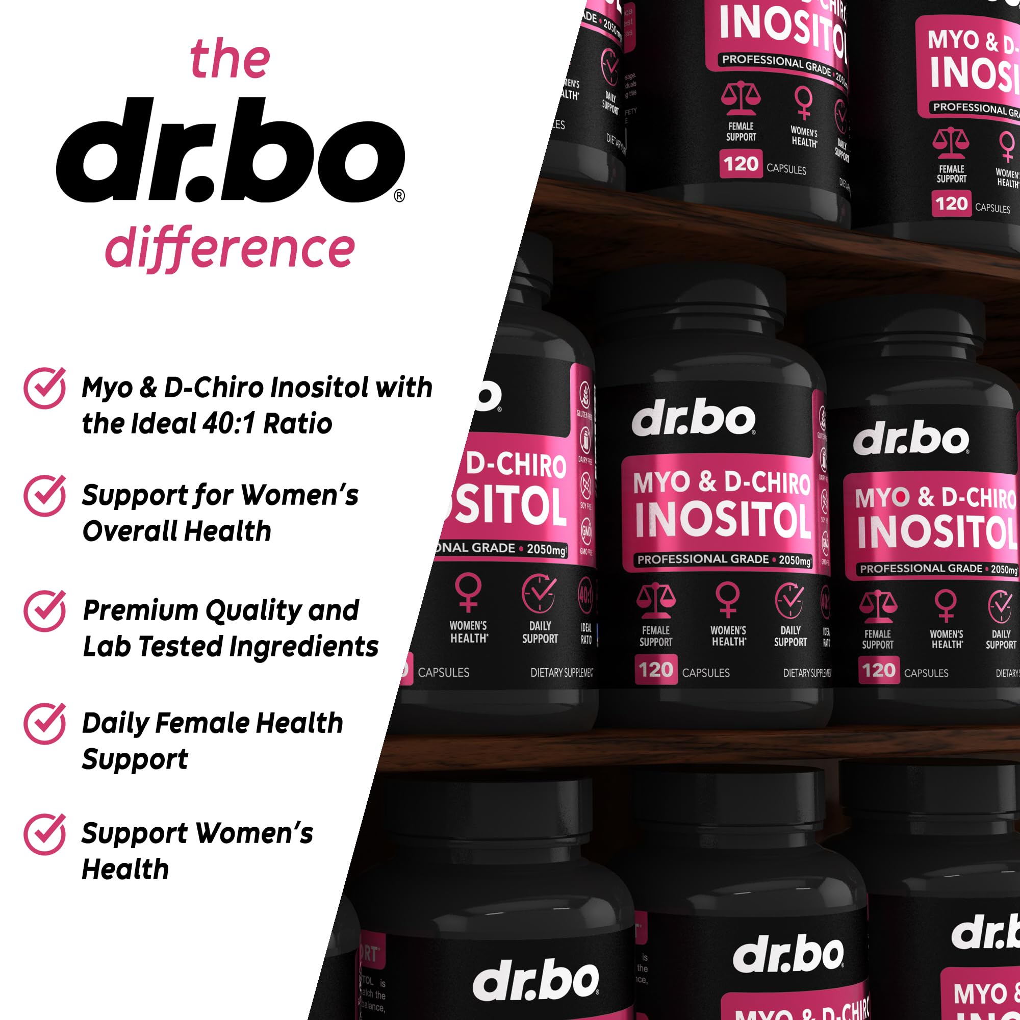 DR. BO Myo-Inositol y D-Chiro Inositol, etiqueta nutricional detallada.
