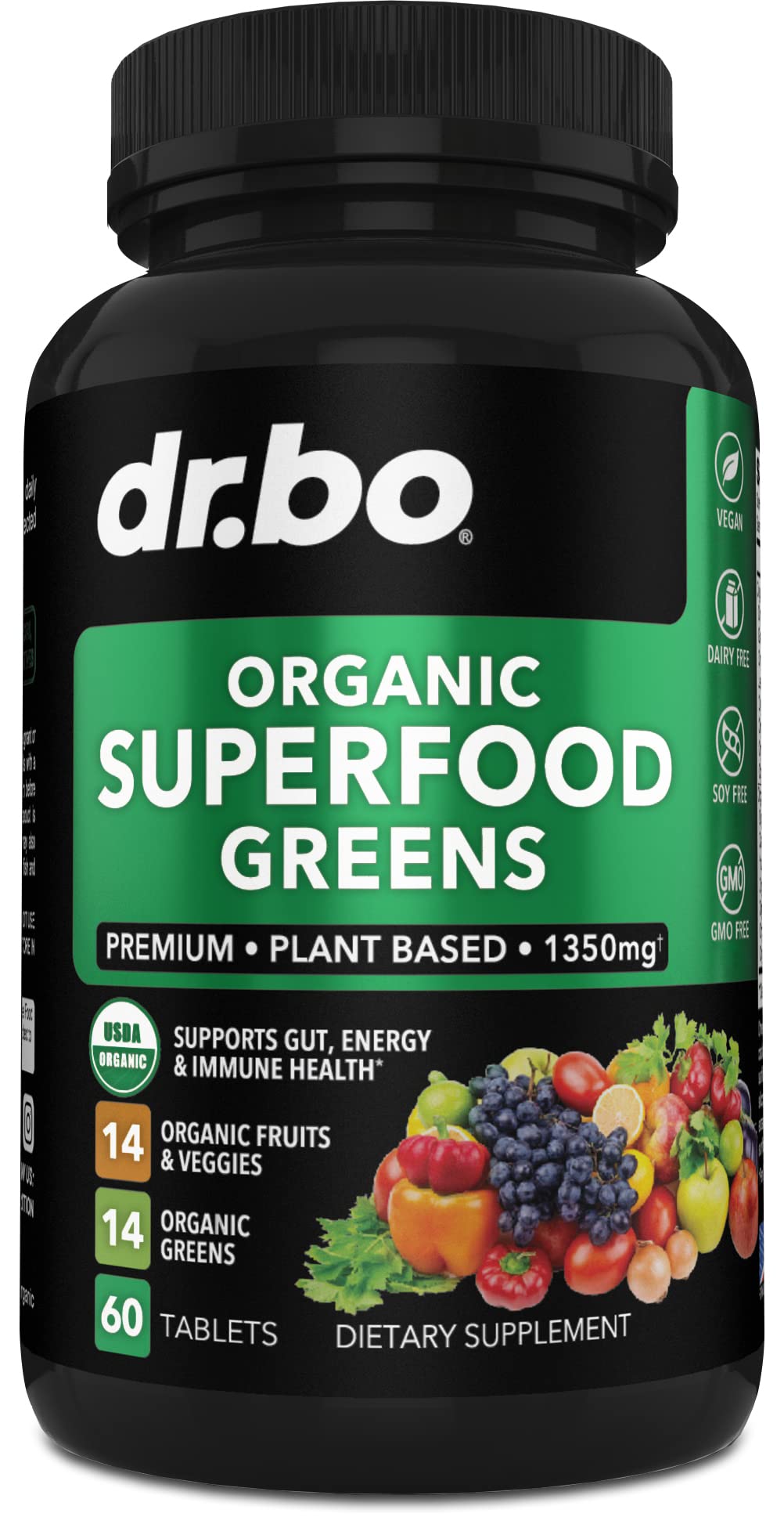 DR. BO frasco de tabletas orgánicas de superalimentos para energía diaria.