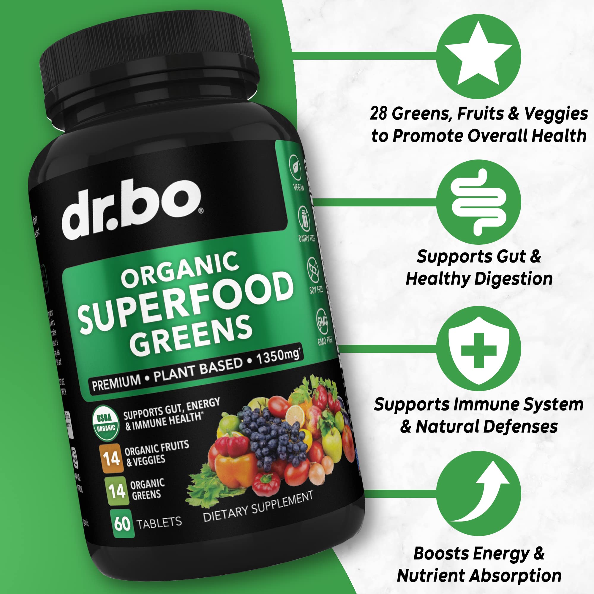Tabletas DR. BO de frutas y verduras para nutrición diaria.
