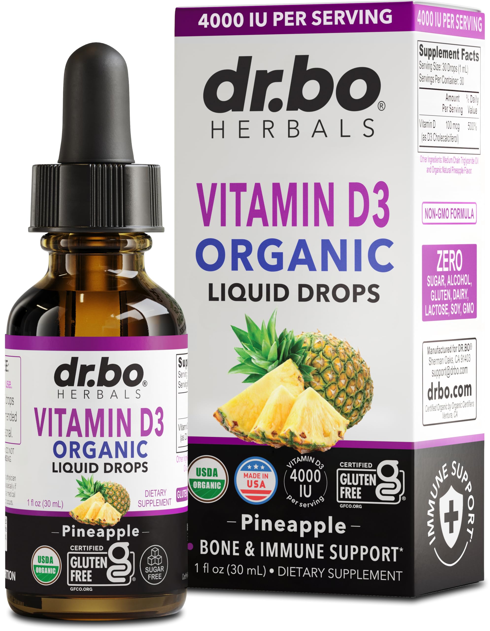 DR. BO Vitamina D3 líquida orgánica en botella para uso diario.