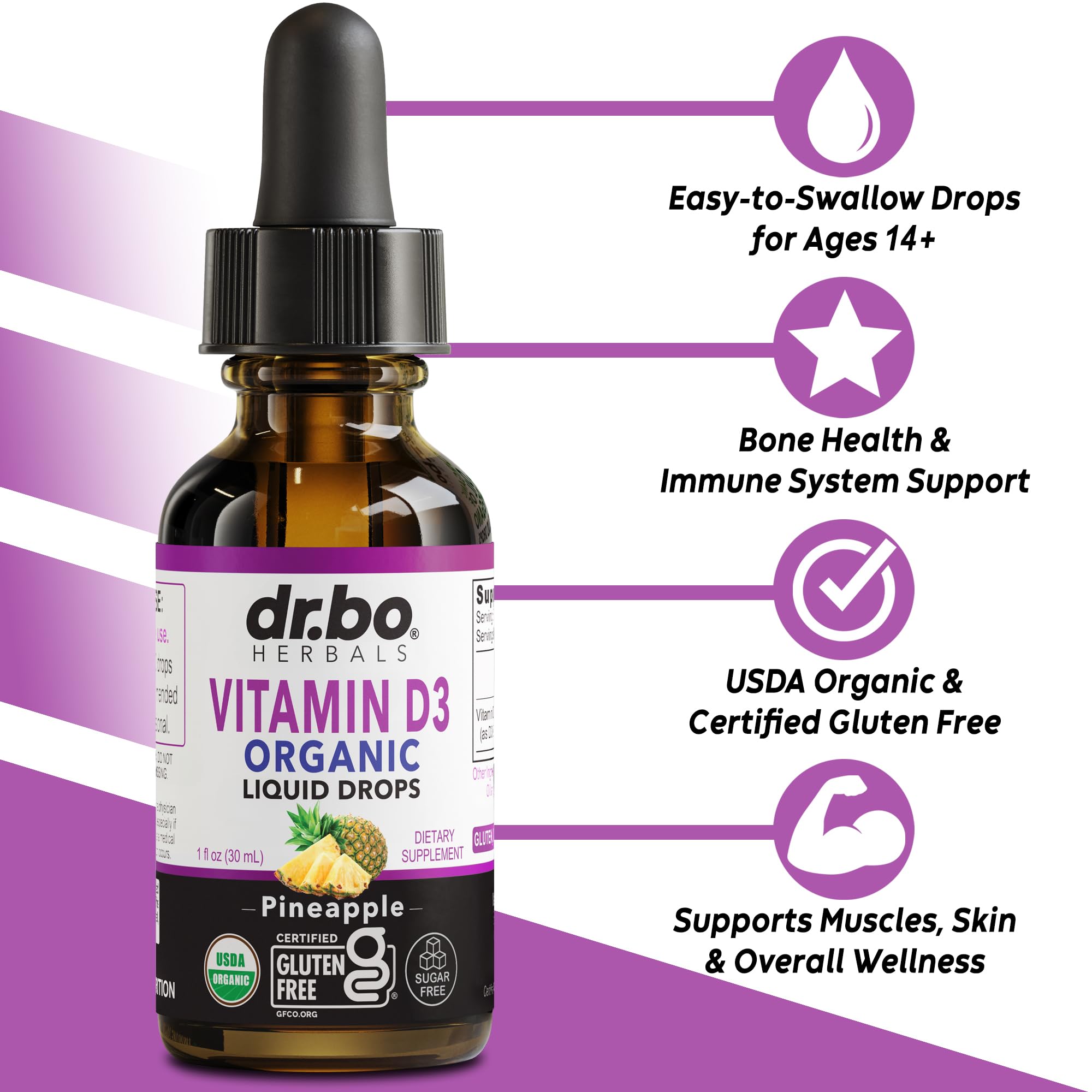 Gotero de DR. BO D3 para dosis sublingual rápida.