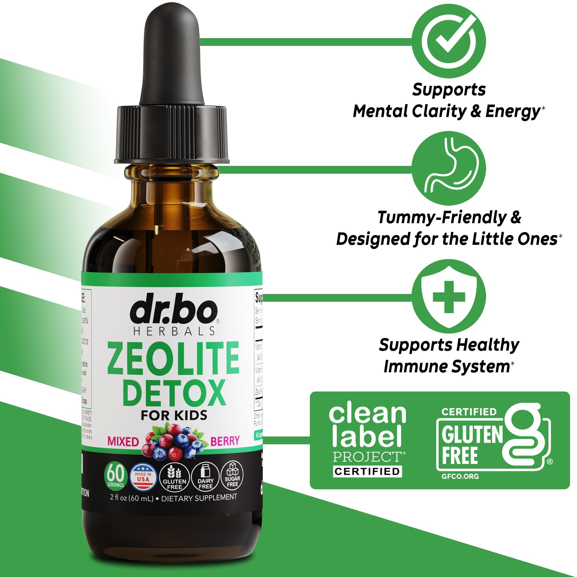 DR. BO Zeolite Detox con gotero, dosificación precisa.