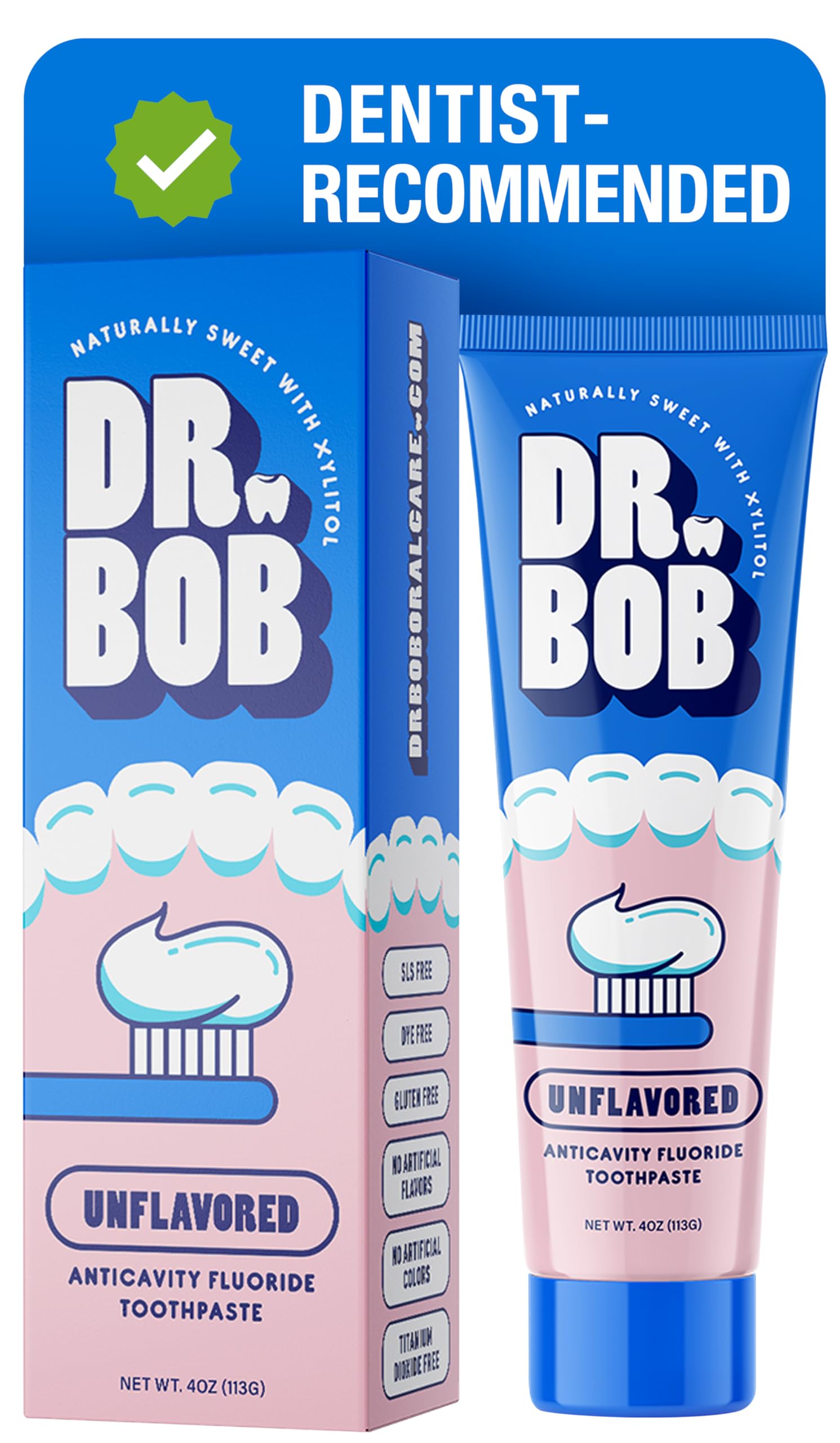Dr. Bob pasta dental sin sabor para niños, ideal para cepillados diarios.