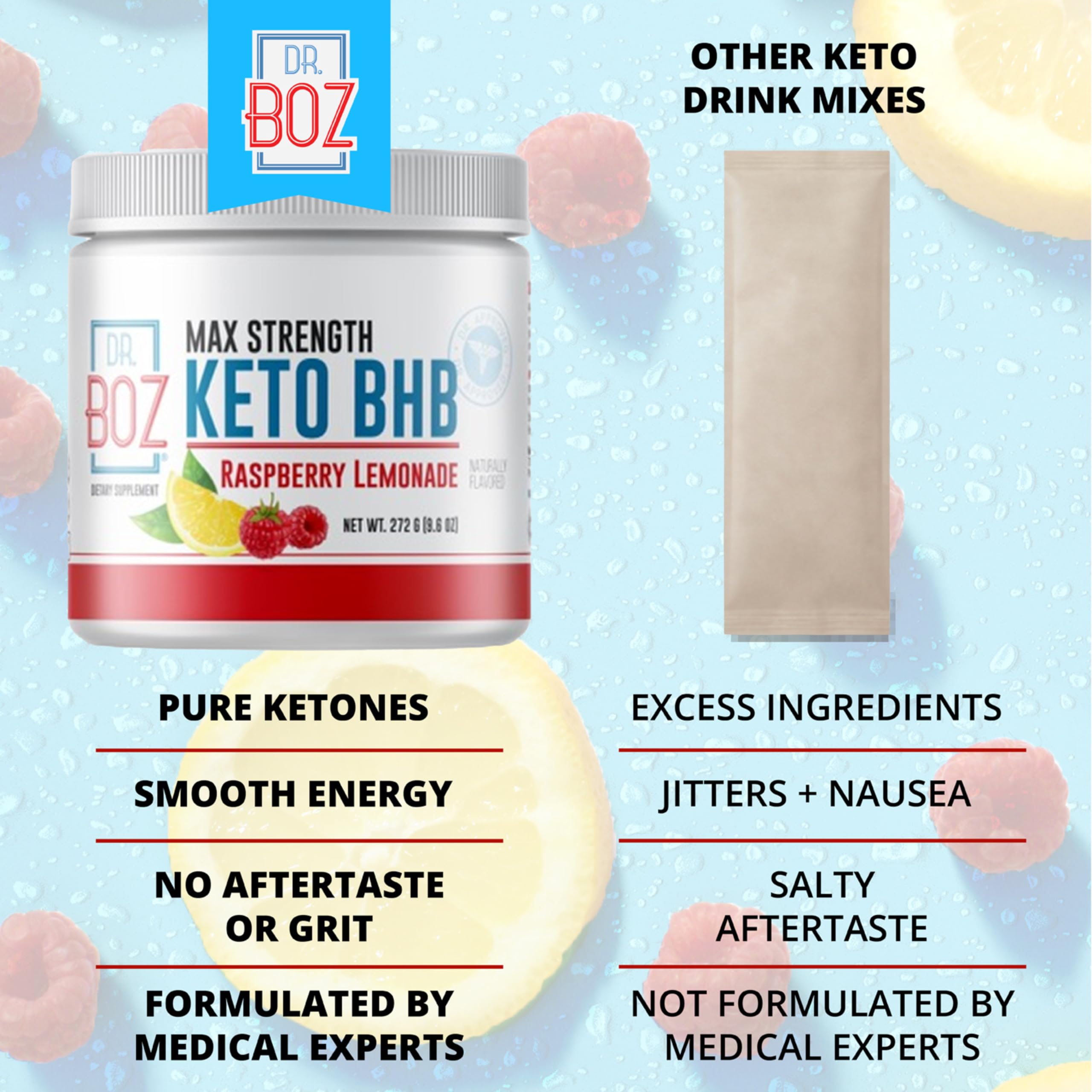 Etiqueta de laboratorio Dr. Boz Keto BHB, garantía de calidad.