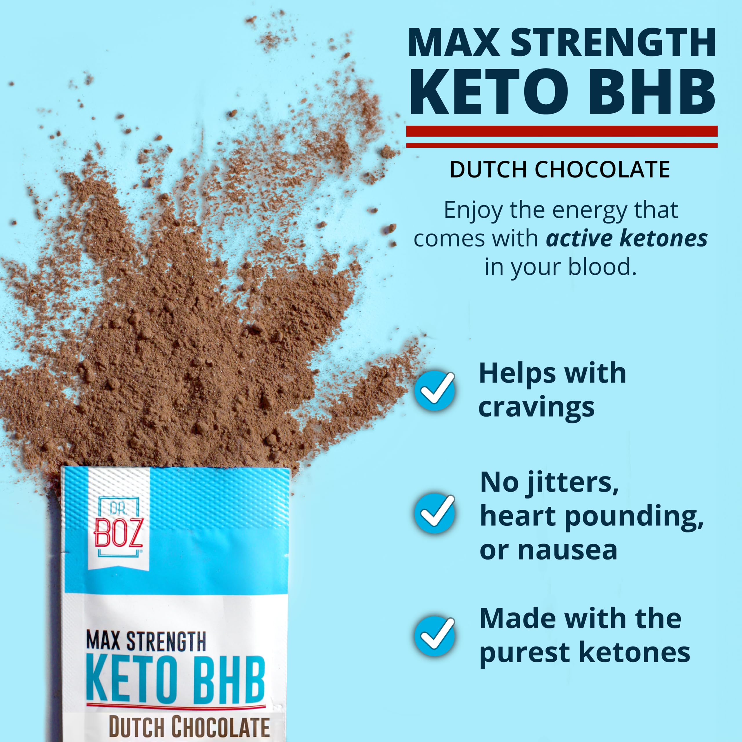 Dr. Boz Keto BHB polvo chocolate holandés en vaso, mezcla sin grumos para energía sostenida.