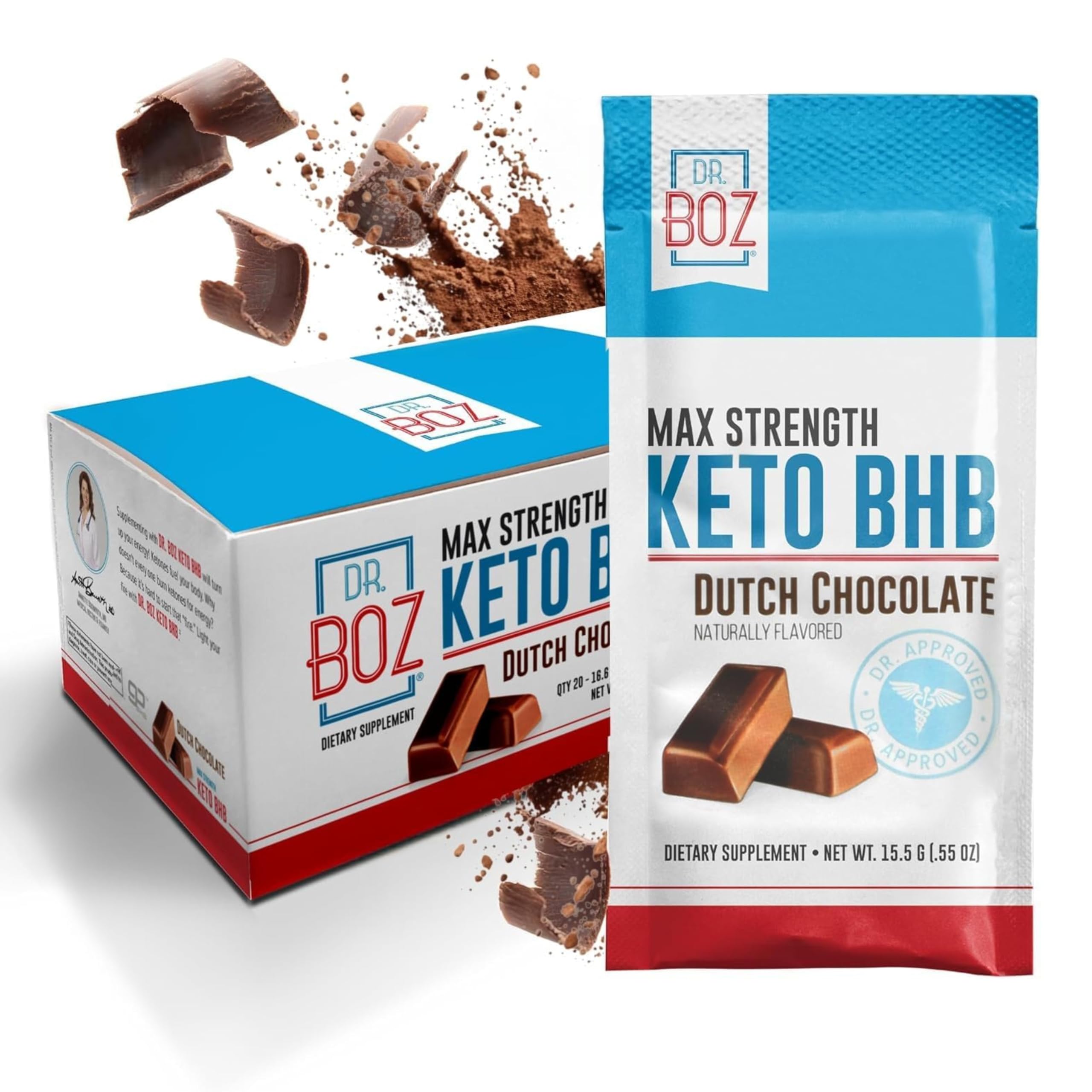 Dr. Boz Keto BHB polvo chocolate holandés sobre, energía rápida y sabor suave.