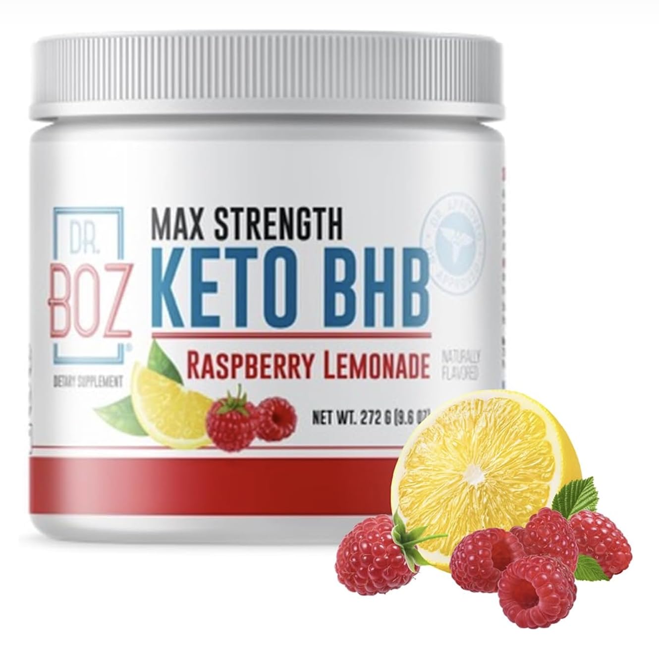 Dr. Boz Keto BHB polvo frambuesa limón en botella, energía diaria.