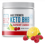 Dr. Boz Keto BHB polvo frambuesa limón en botella, energía diaria.