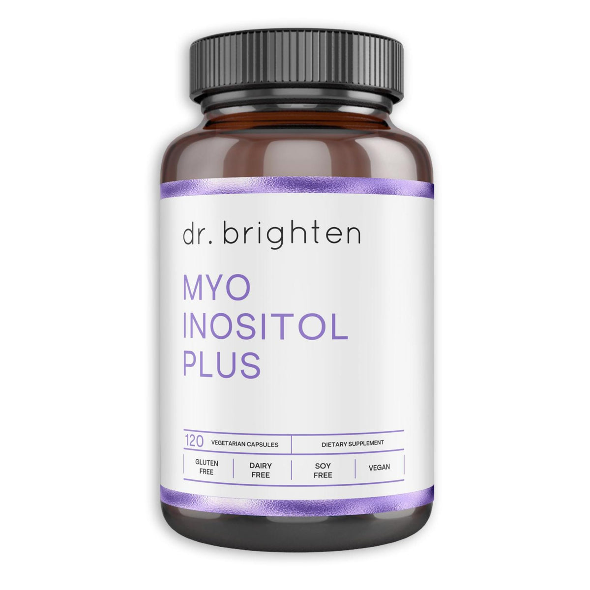 Dr. Brighten Myoinositol Plus, botella vertiendo, apoyo a función ovárica.