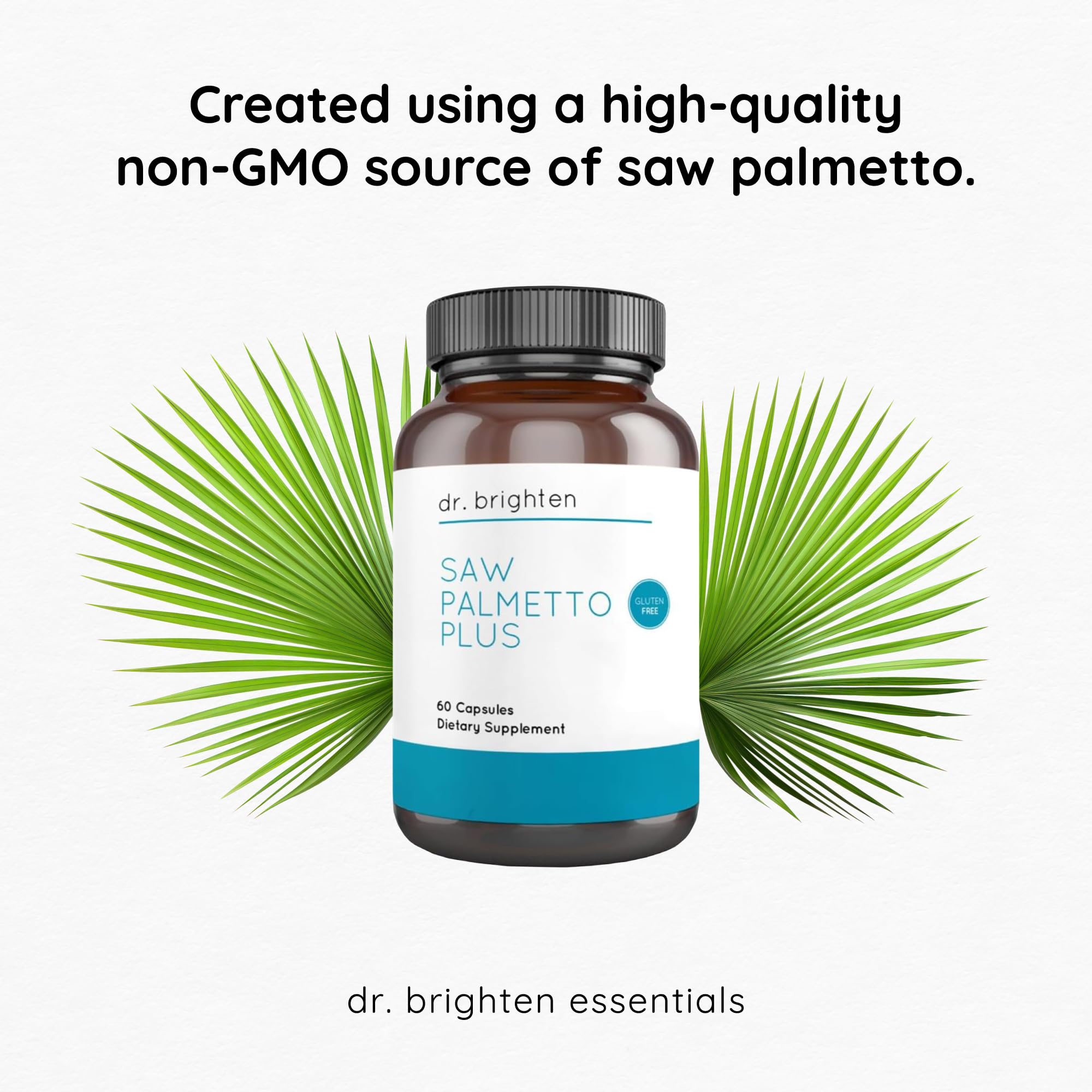 Botella abierta de Dr. Brighten Saw Palmetto Plus para demostración