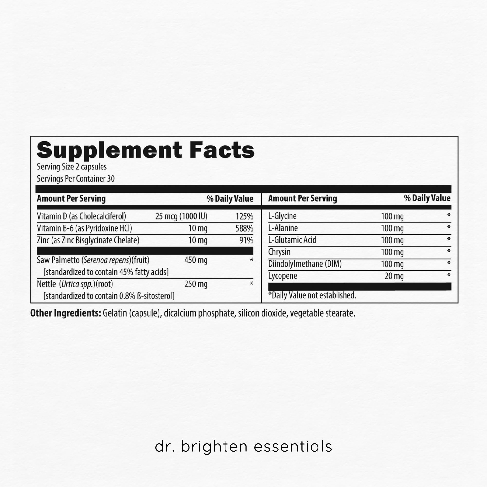 Etiqueta de Dr. Brighten Saw Palmetto Plus con información clara