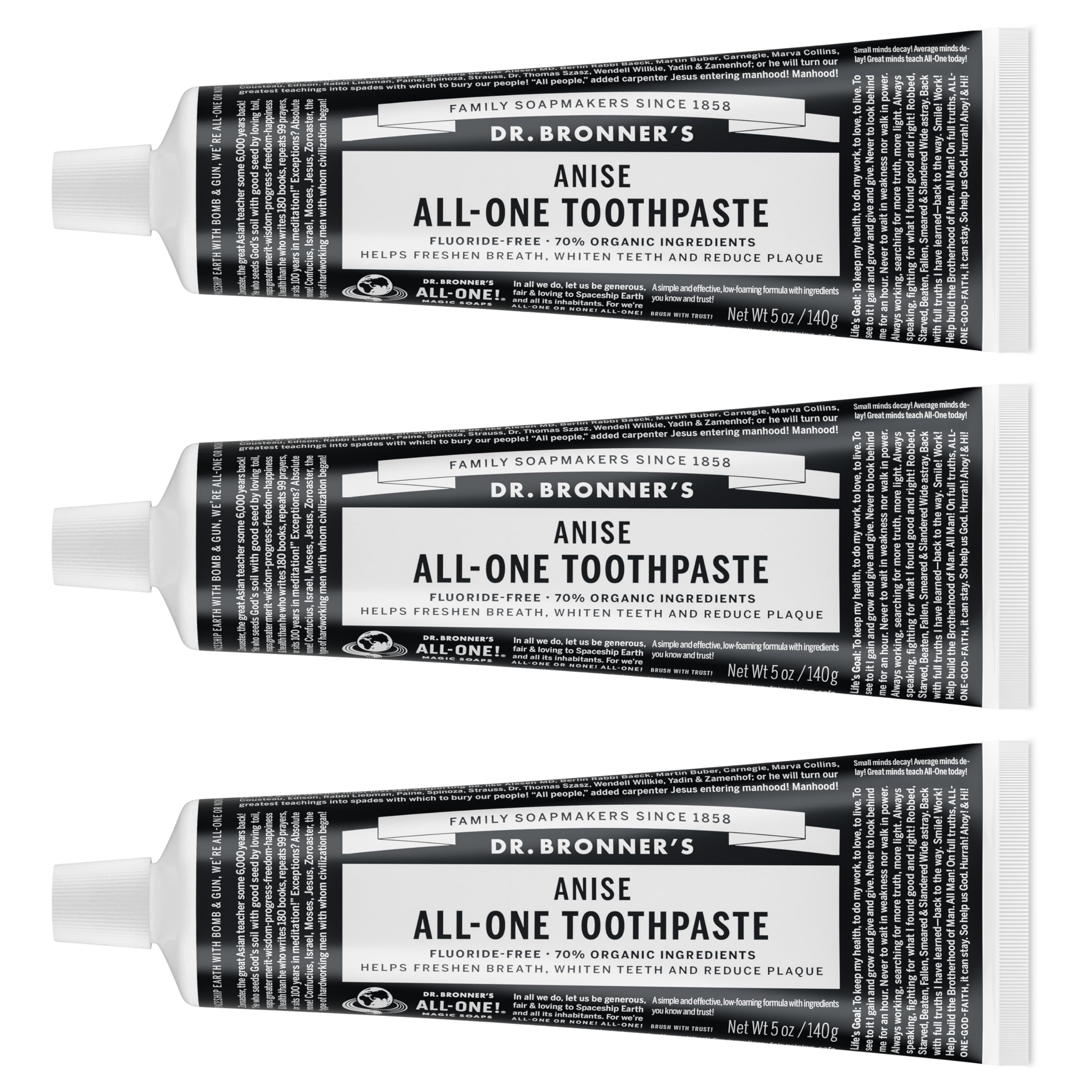 Dr. Bronner’s All-One Anís, pasta dental en empaque visible, frescura duradera para el día.