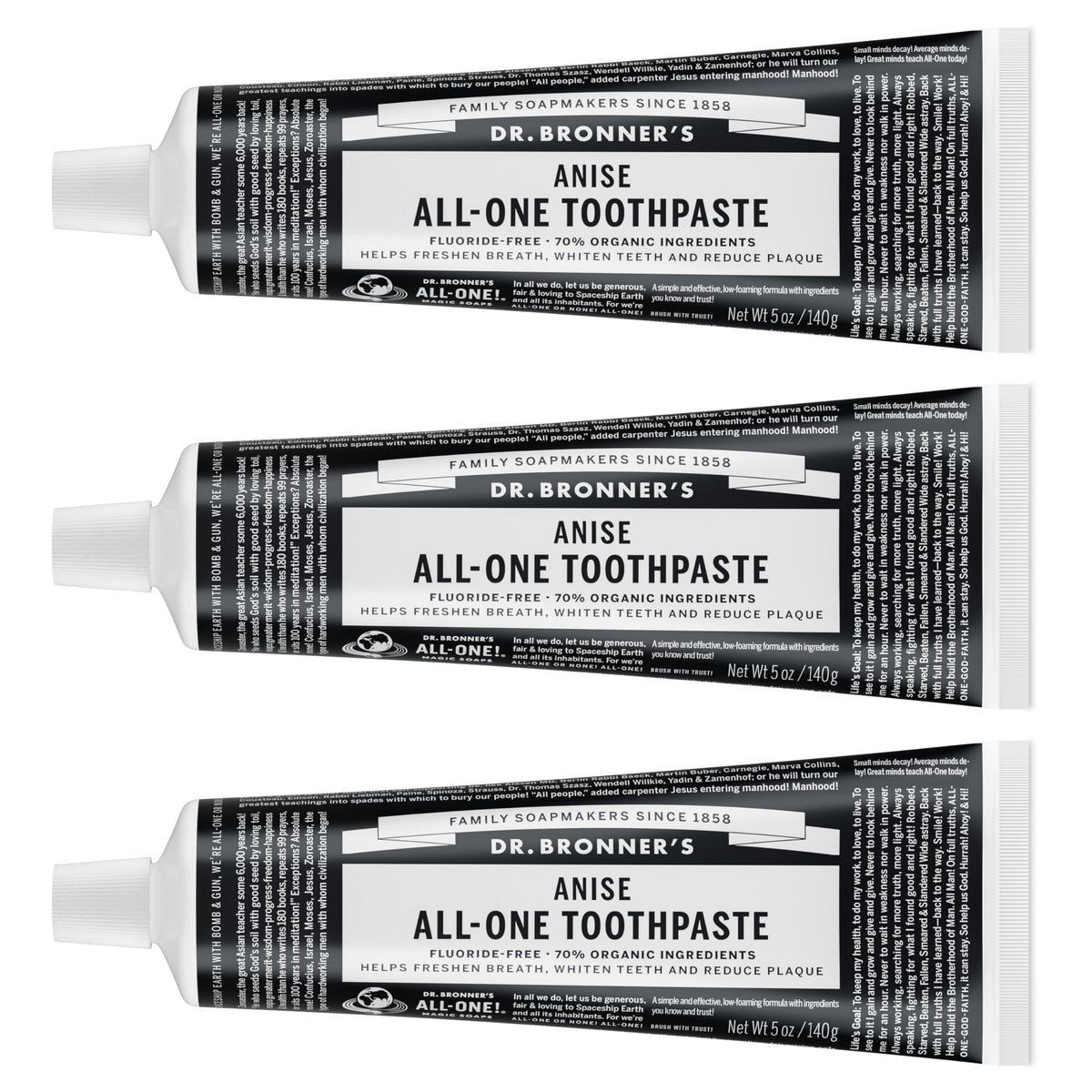 Dr. Bronner’s All-One Anís, pasta dental en empaque visible, frescura duradera para el día.