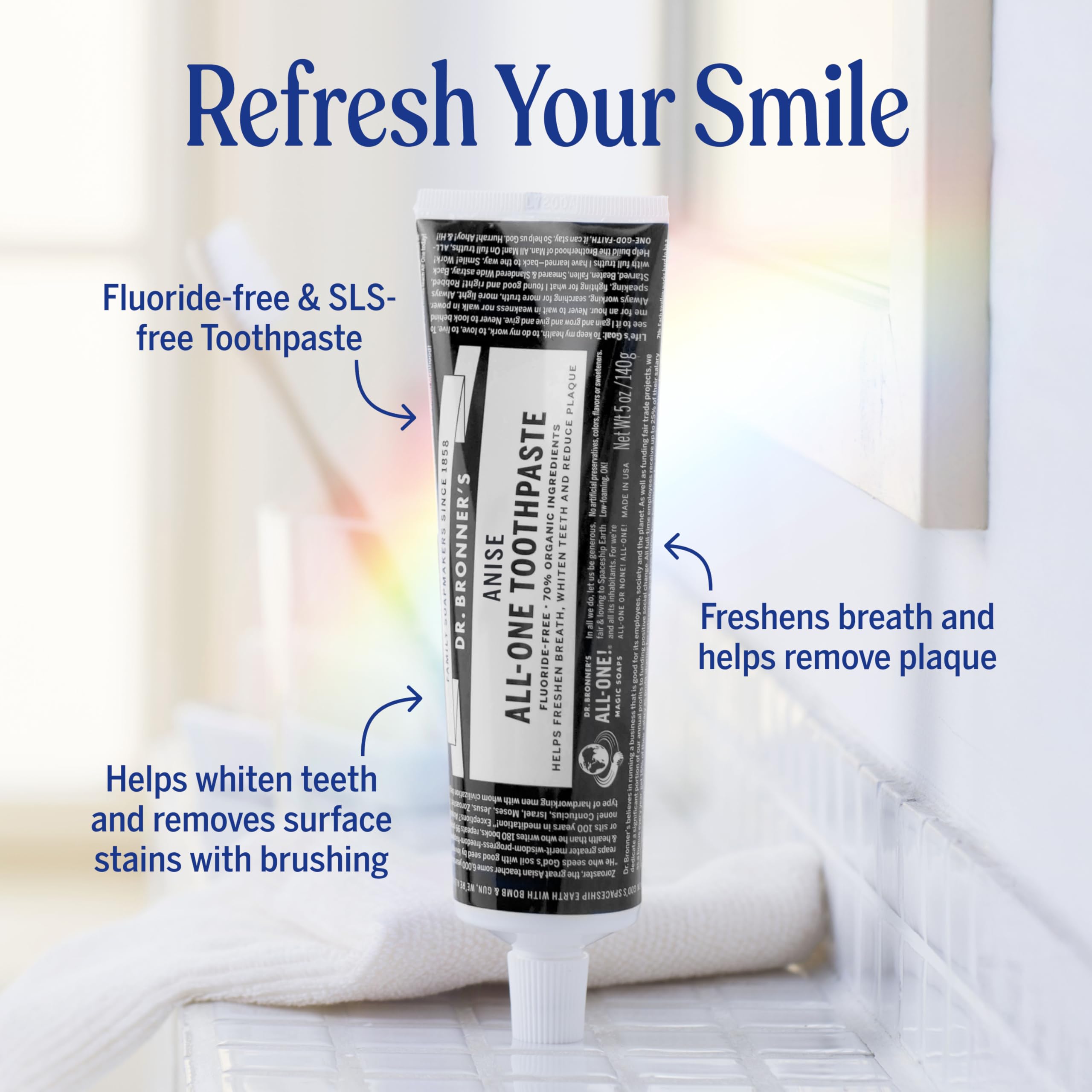 Pasta de dientes Dr. Bronner’s All-One Anís, textura suave para cepillado.